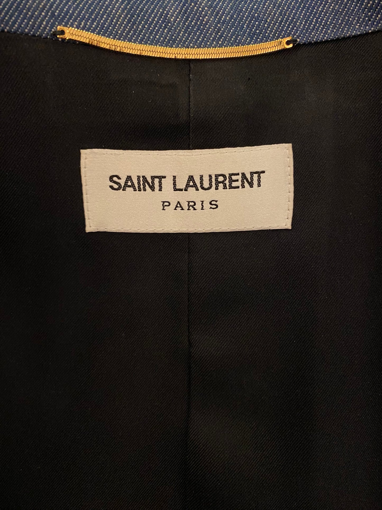 SAINT LAURENT 2022 Runway Blue Denim Power Shoulder Blazer Mini Dress Size Fr 36