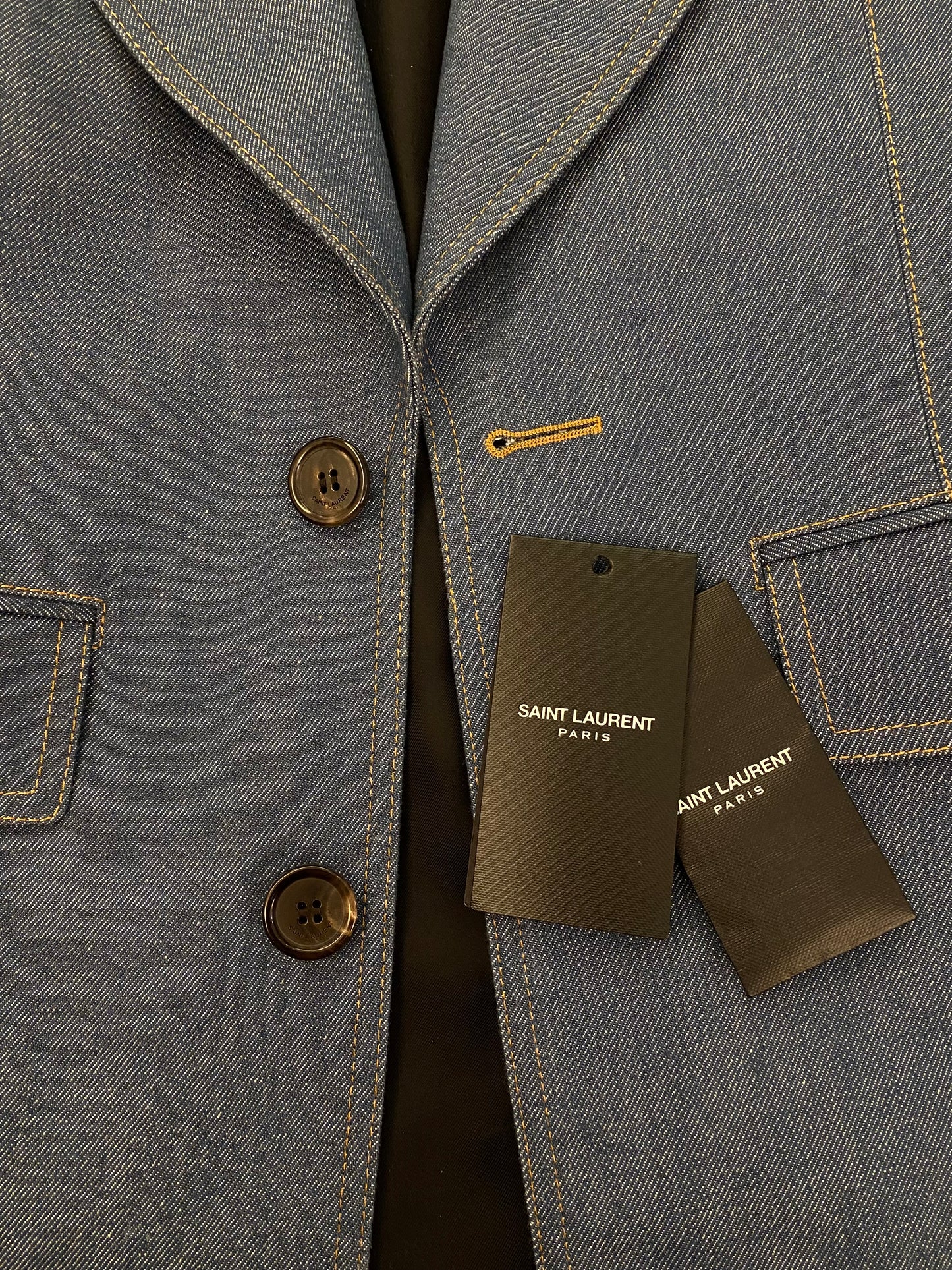 SAINT LAURENT 2022 Runway Blue Denim Power Shoulder Blazer Mini Dress Size Fr 36