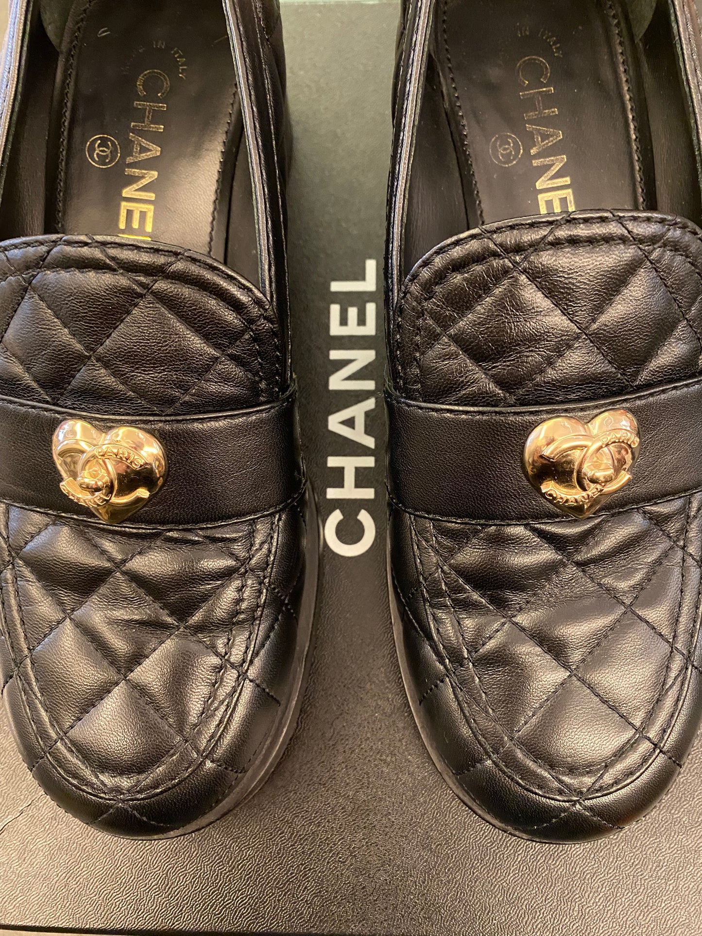 CHANEL Black Quilted Lambskin CC Heart Loafers Size 38
