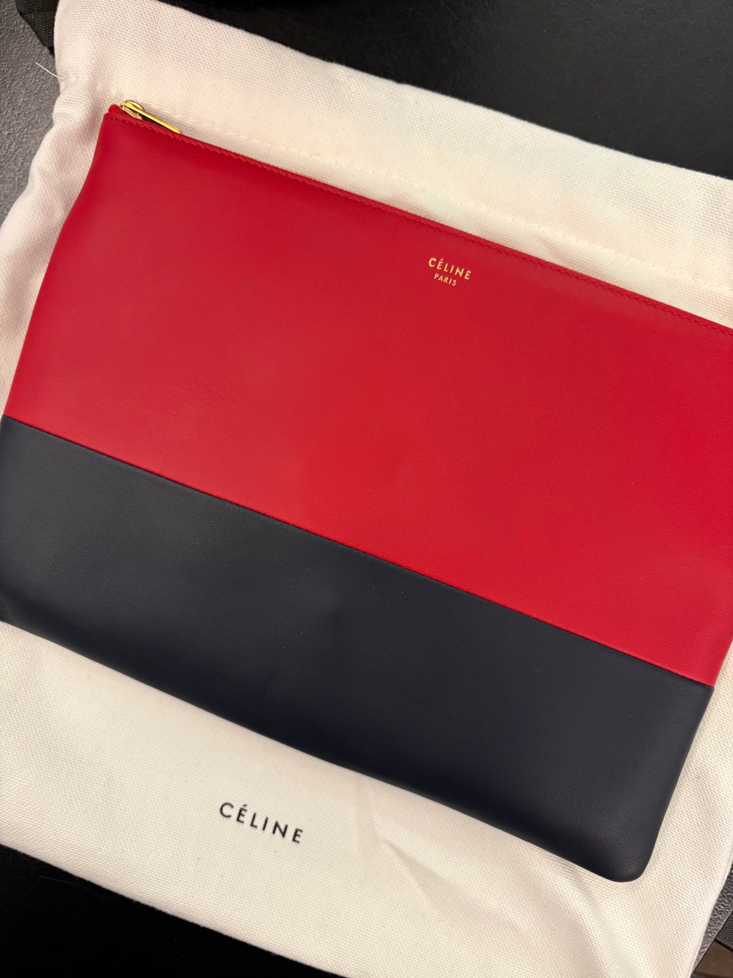 CELINE Bicolor Leather Solo Clutch Pouch - Carmin / Navy
