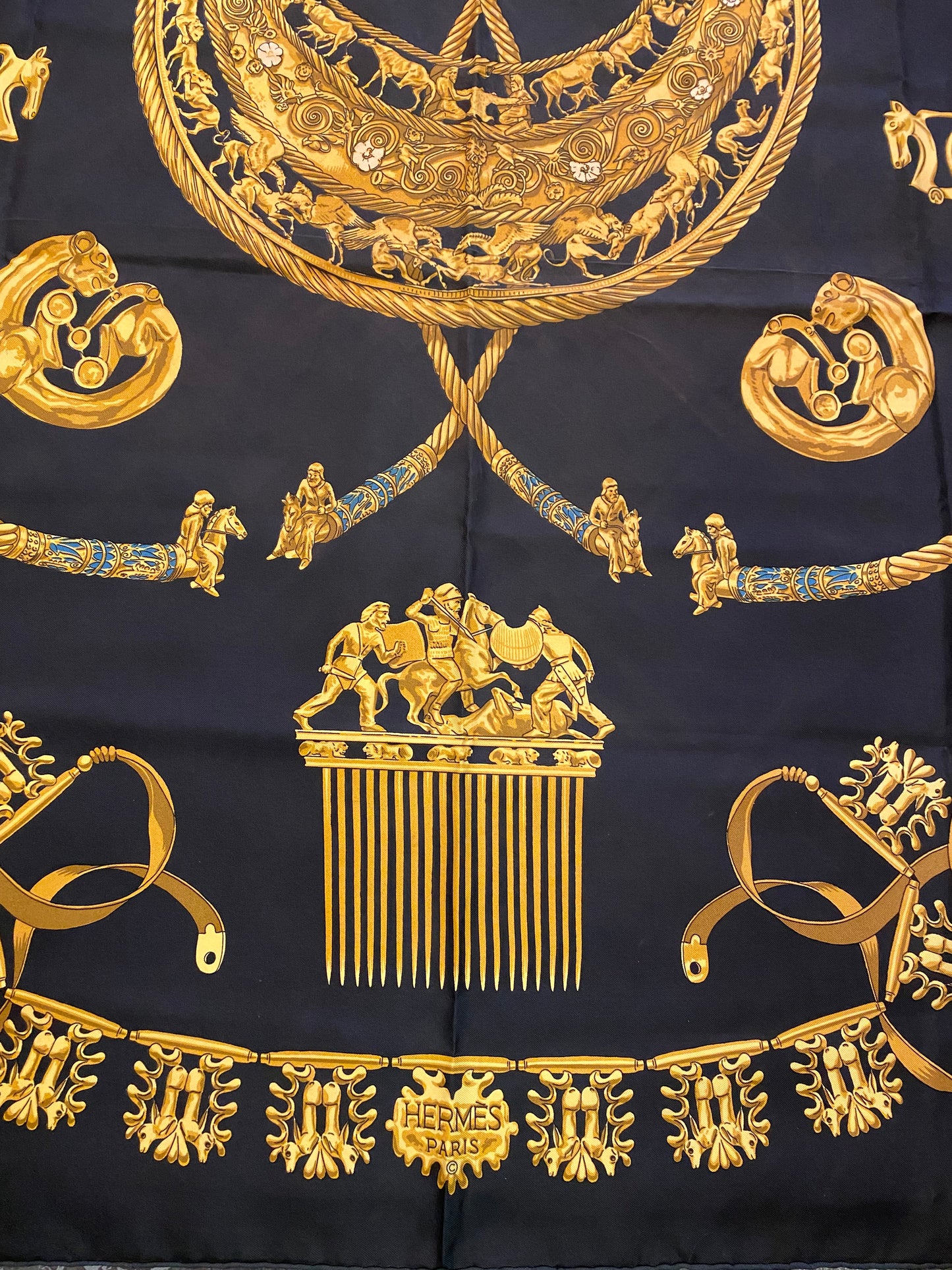 HERMÈS Vintage Silk Scarf “Les Cavaliers D’Or”