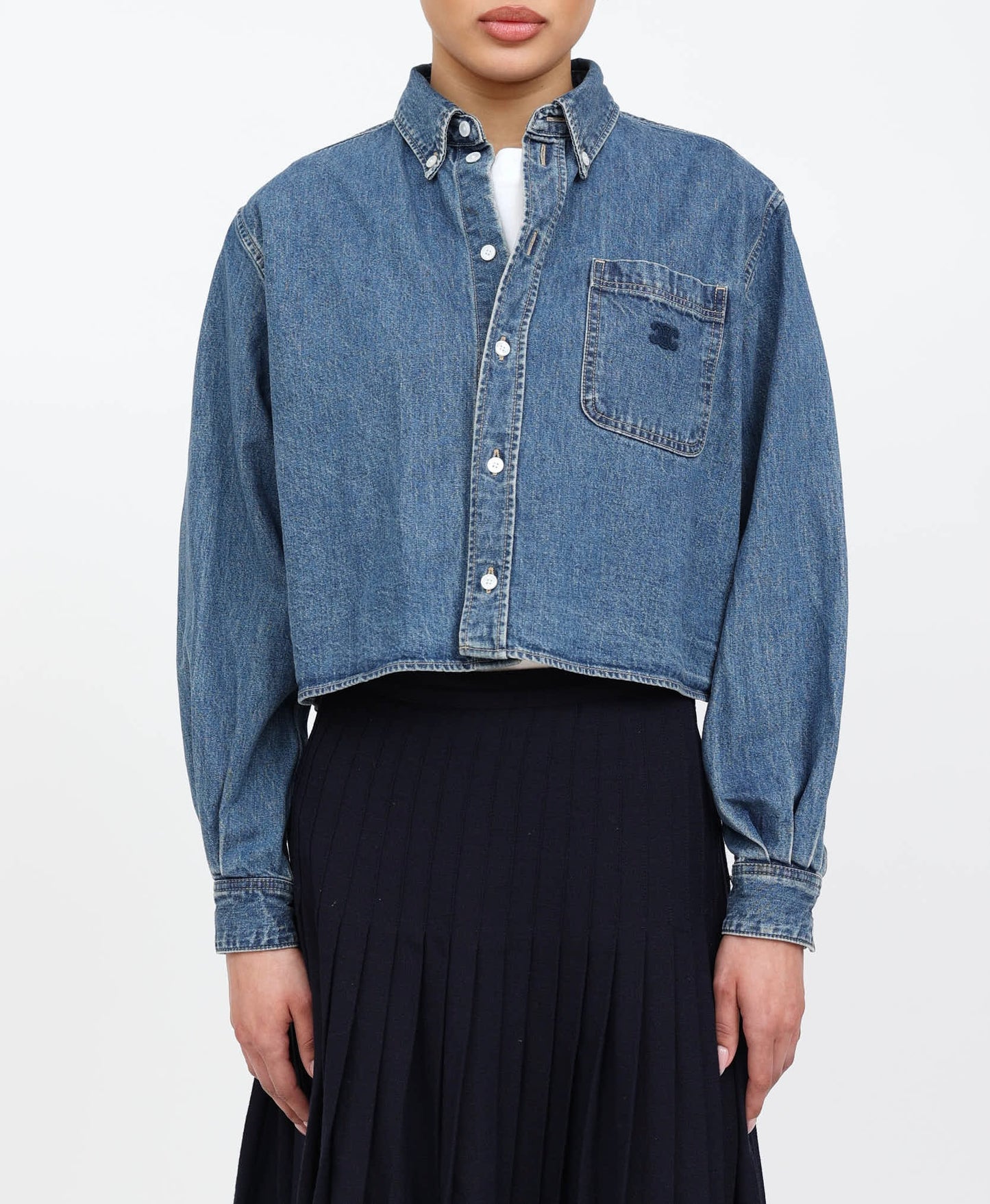CELINE Short Shirt with Triomphe Embroidery in Denim Size S