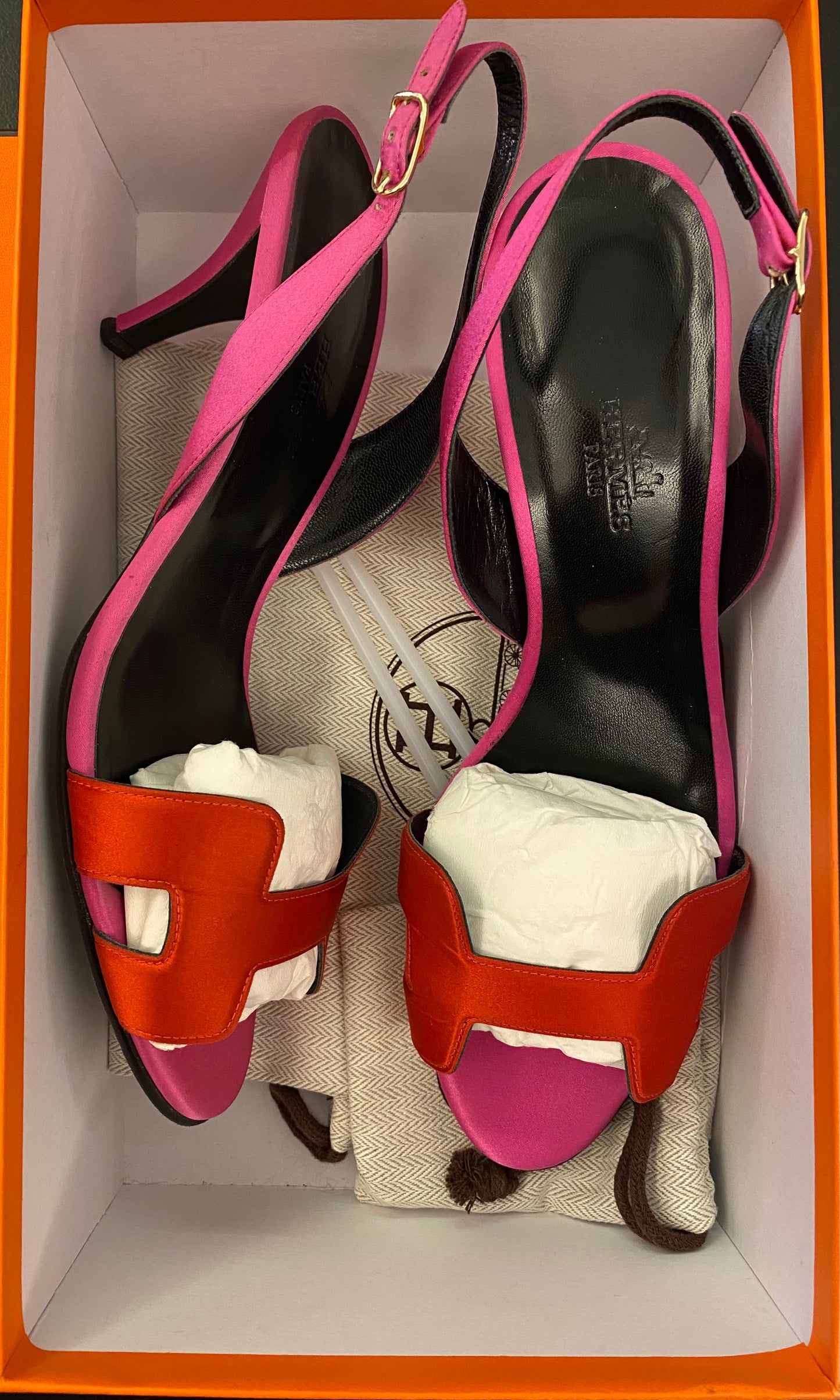 HERMÈS Night 70 Bicolor Fuchsia/Red Satin Sandals Size 38