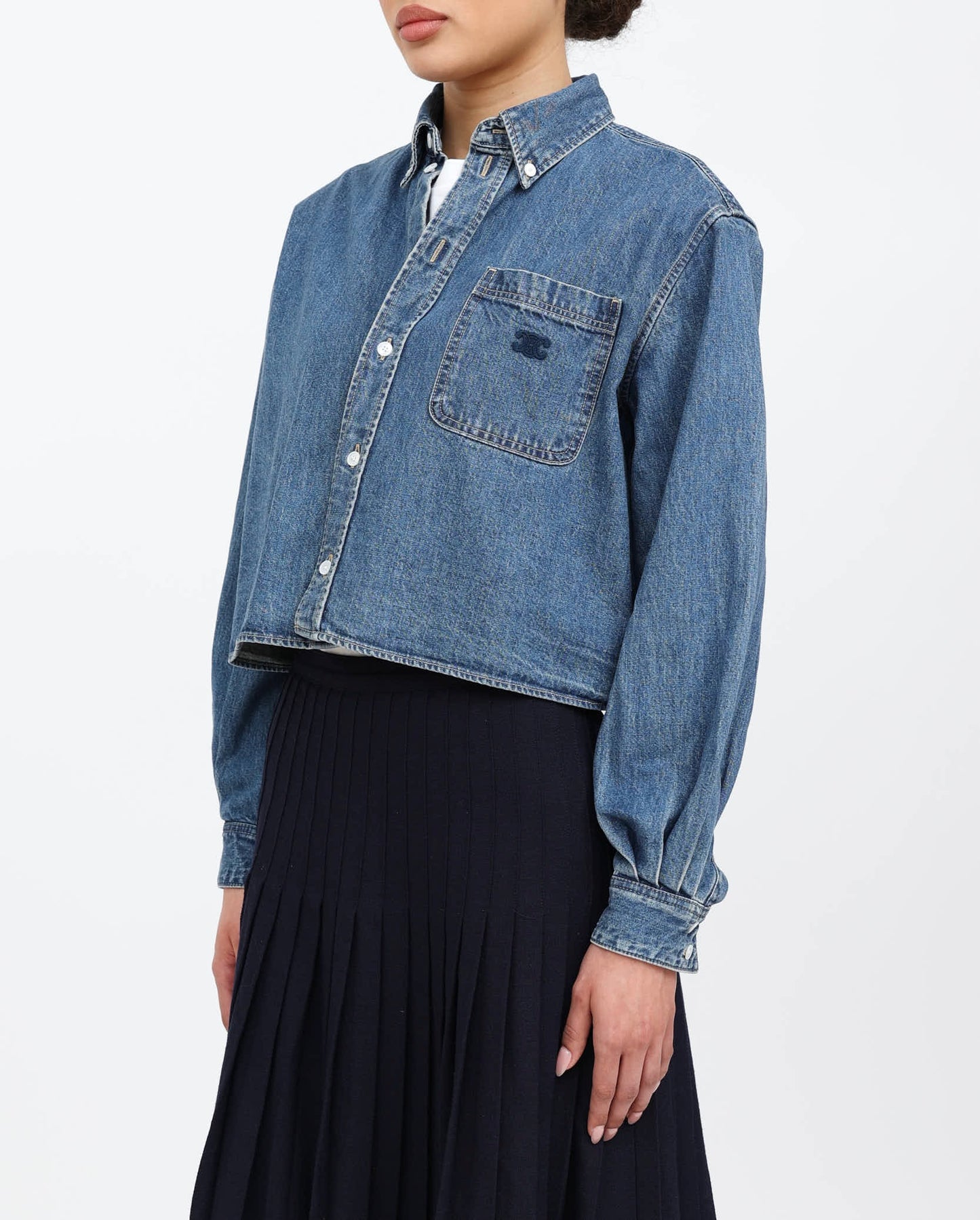 CELINE Short Shirt with Triomphe Embroidery in Denim Size S