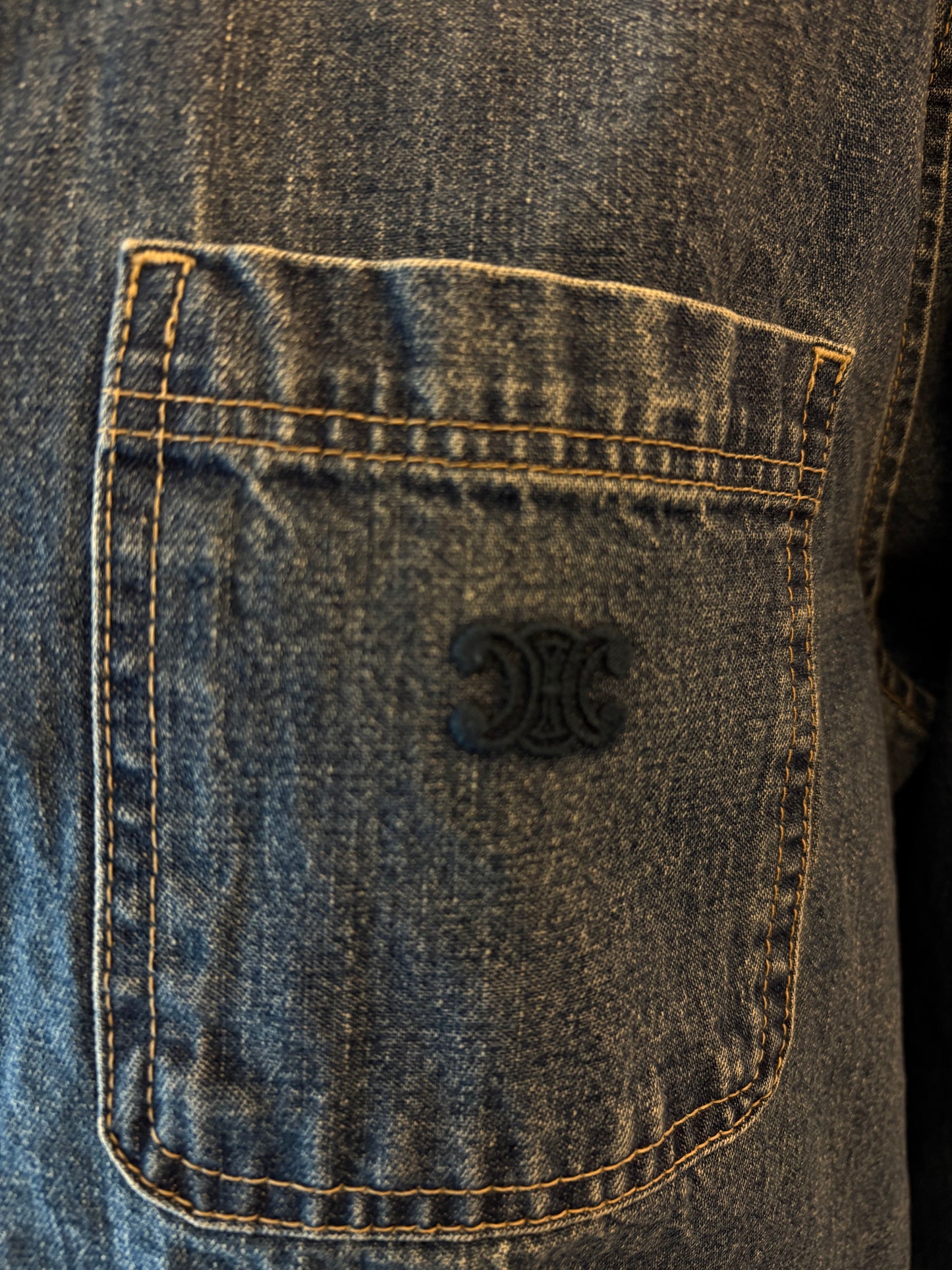 CELINE Short Shirt with Triomphe Embroidery in Denim Size S