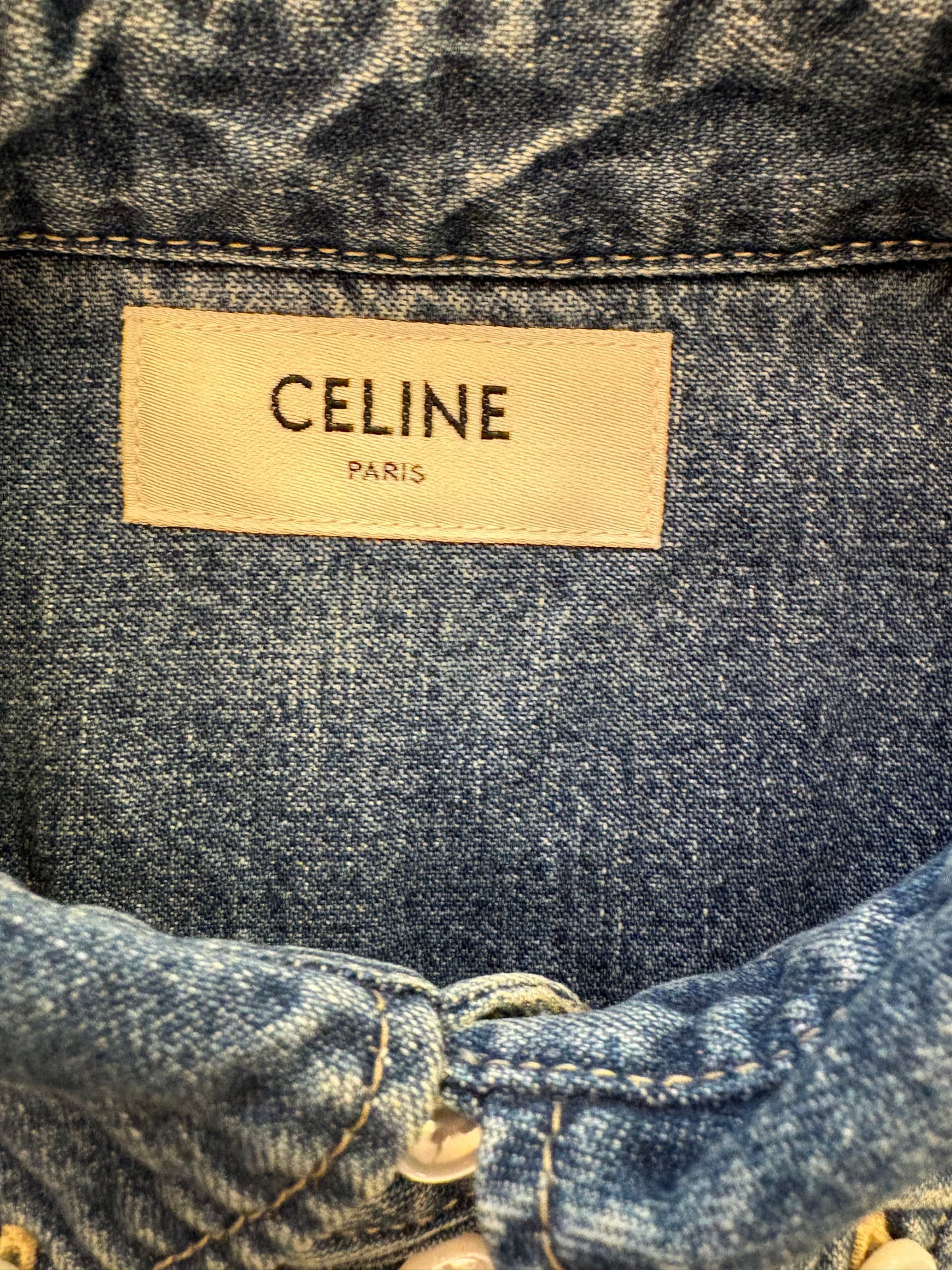 CELINE Short Shirt with Triomphe Embroidery in Denim Size S