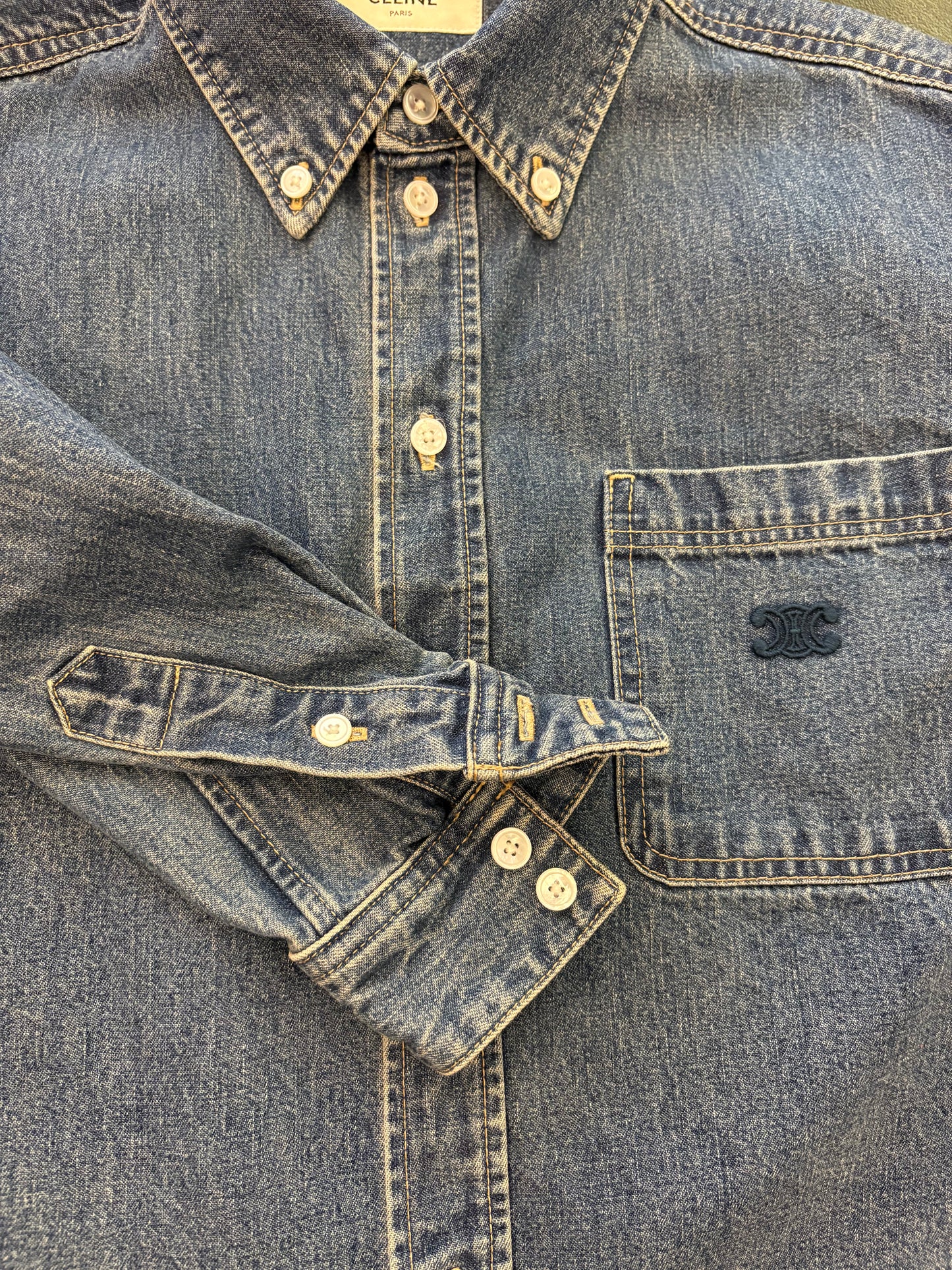 CELINE Short Shirt with Triomphe Embroidery in Denim Size S