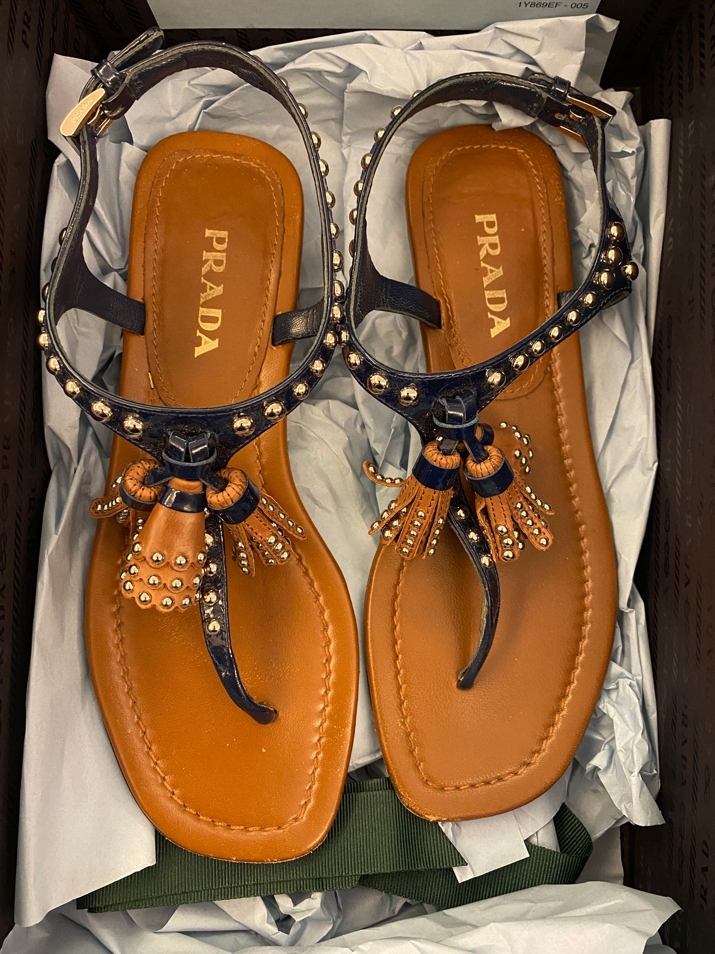 PRADA Blue Studded Patent Tassel Sandals Size 36,5