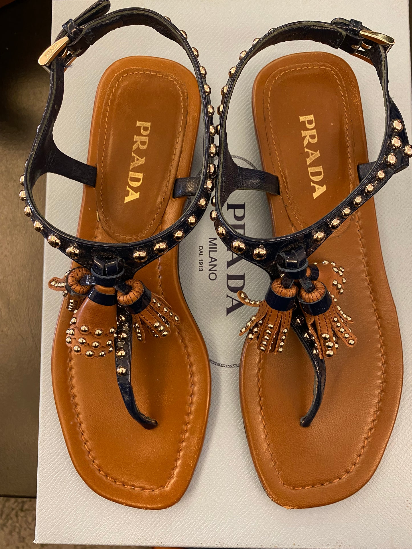 PRADA Blue Studded Patent Tassel Sandals Size 36,5