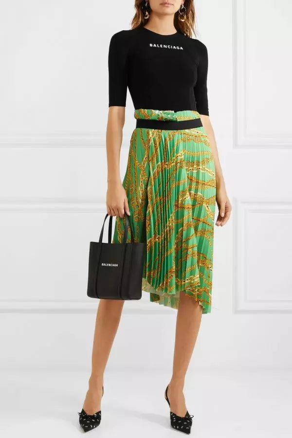 BALENCIAGA Asymmetric Pleated Printed Crepe Skirt Size IT 40