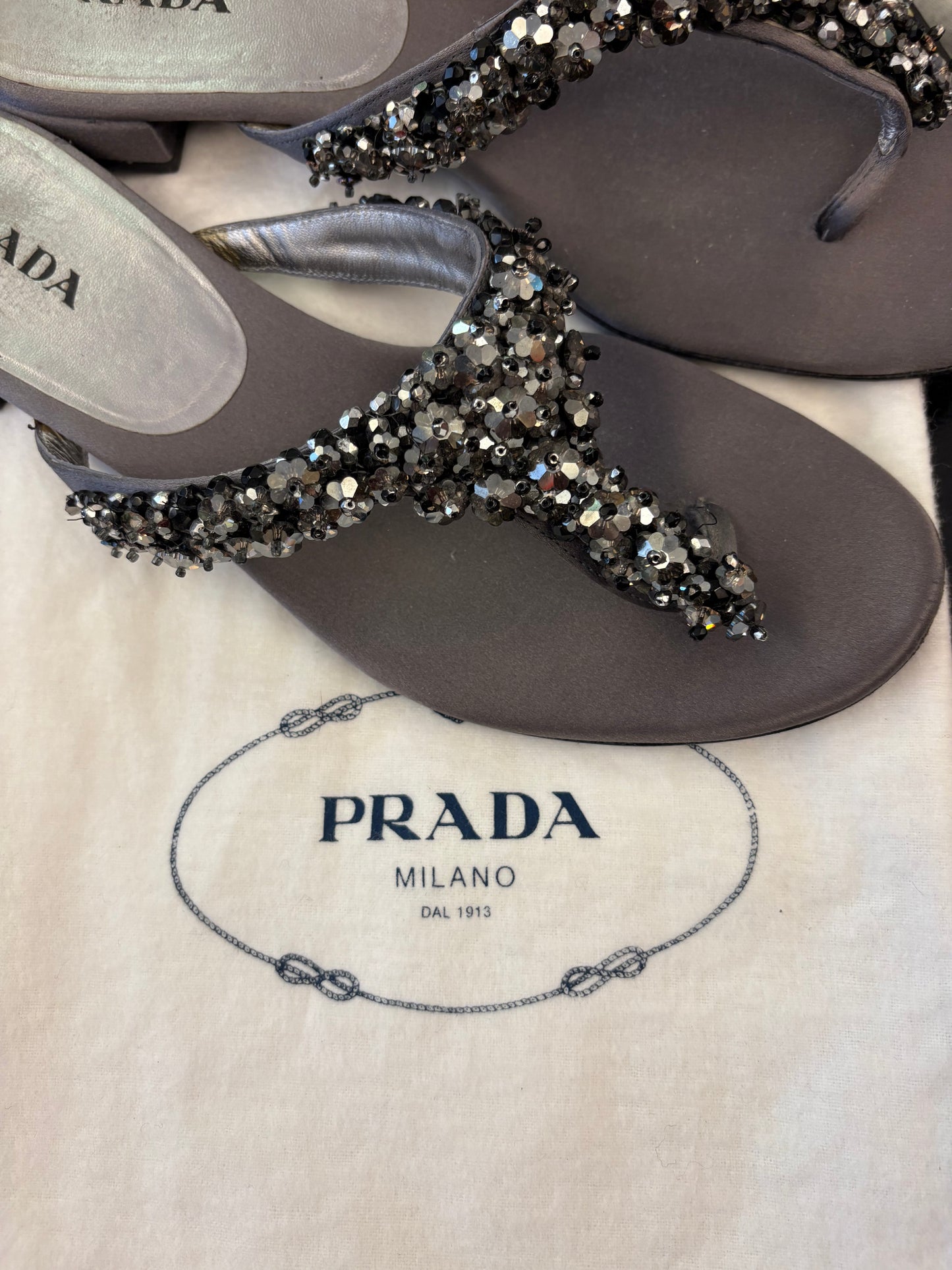 PRADA Crystal Embellished Flat Thong Sandals Grey Size 39,5