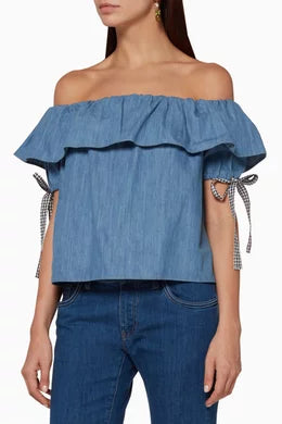 MIU MIU Blue Denim Off-The-Shoulder Top Size IT 40
