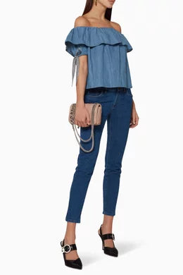 MIU MIU Blue Denim Off-The-Shoulder Top Size IT 40