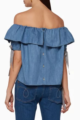 MIU MIU Blue Denim Off-The-Shoulder Top Size IT 40