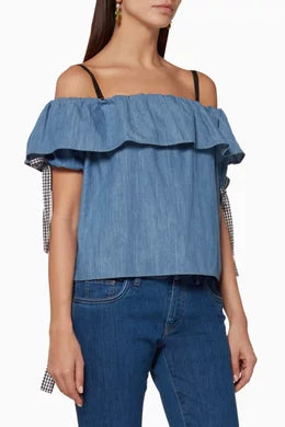 MIU MIU Blue Denim Off-The-Shoulder Top Size IT 40