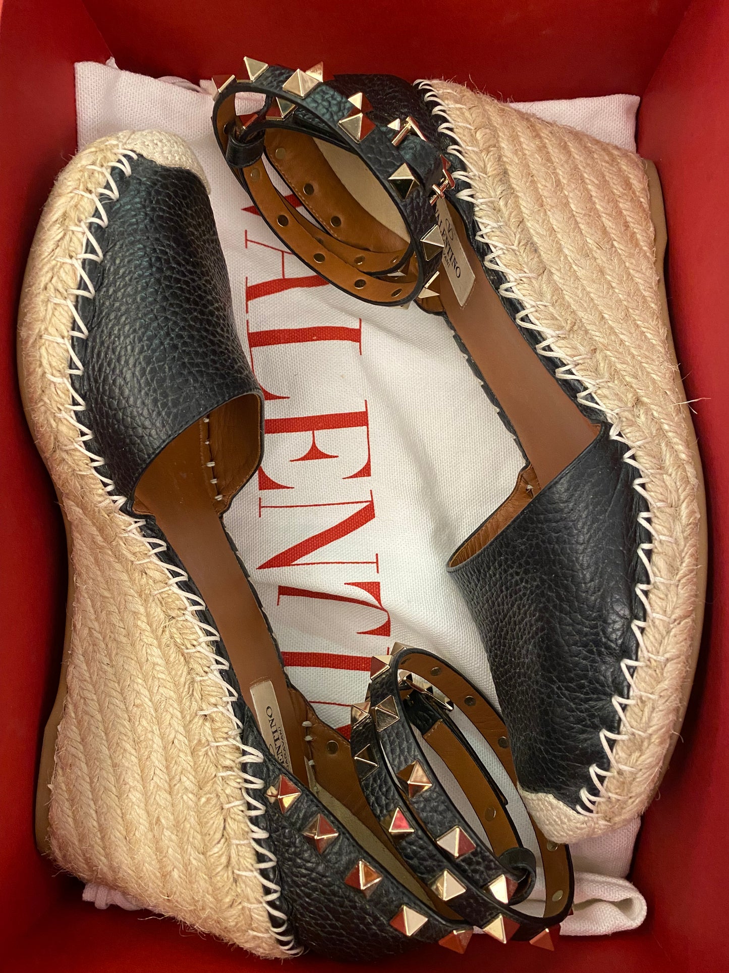 VALENTINO GARAVANI Double Leather Wedge Espadrilles Size 39