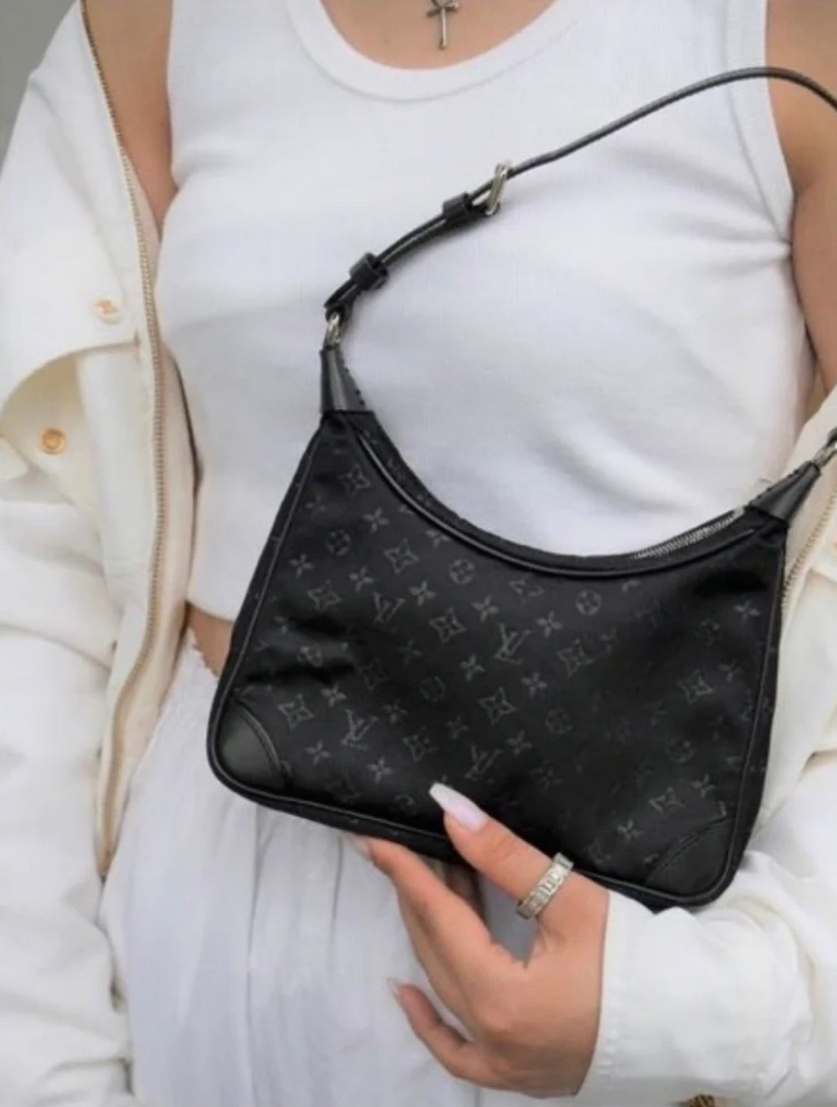 LOUIS VUITTON Mini Monogram Satin Boulogne Handbag Black