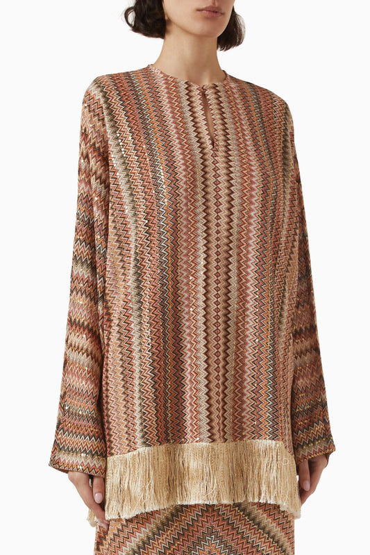MISSONI Zigzag Fringed Lamé Blouse Size S