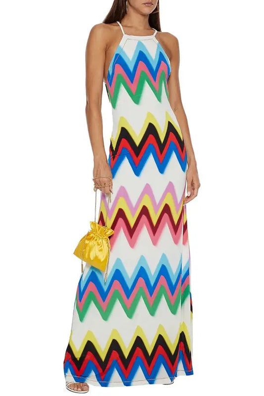M MISSONI Multicolor Chevron Open-Back Printed Stretch-Jersey Maxi Dress Size S