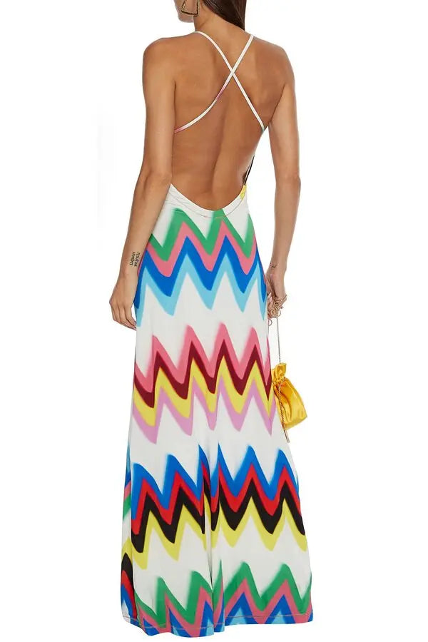 M MISSONI Multicolor Chevron Open-Back Printed Stretch-Jersey Maxi Dress Size S
