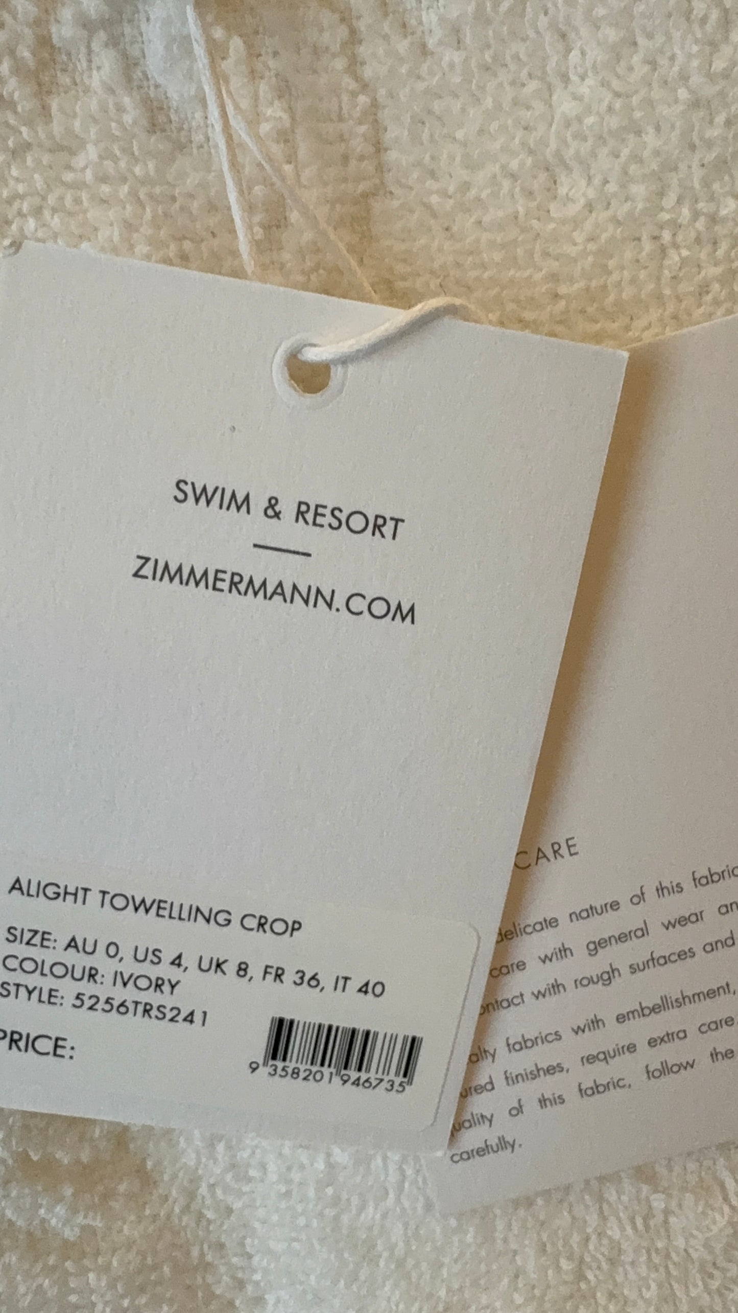 ZIMMERMANN Alight Toweling Shorts & Crop Top Size 0/XS
