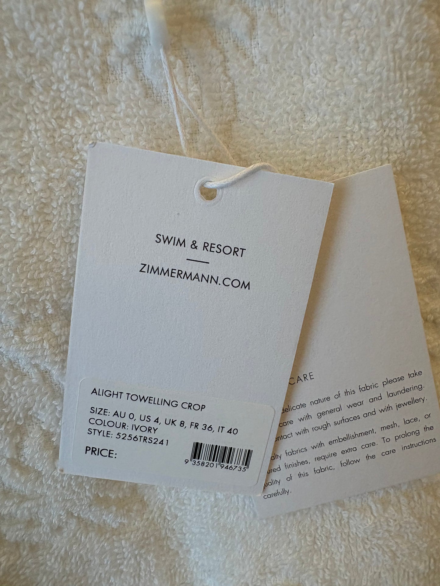 ZIMMERMANN Alight Toweling Shorts & Crop Top Size 0/XS