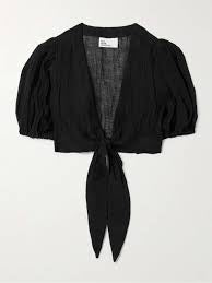 LISA MARIE FERNANDEZ Cropped Tie-Front Linen Blouse - Black Size 2/S