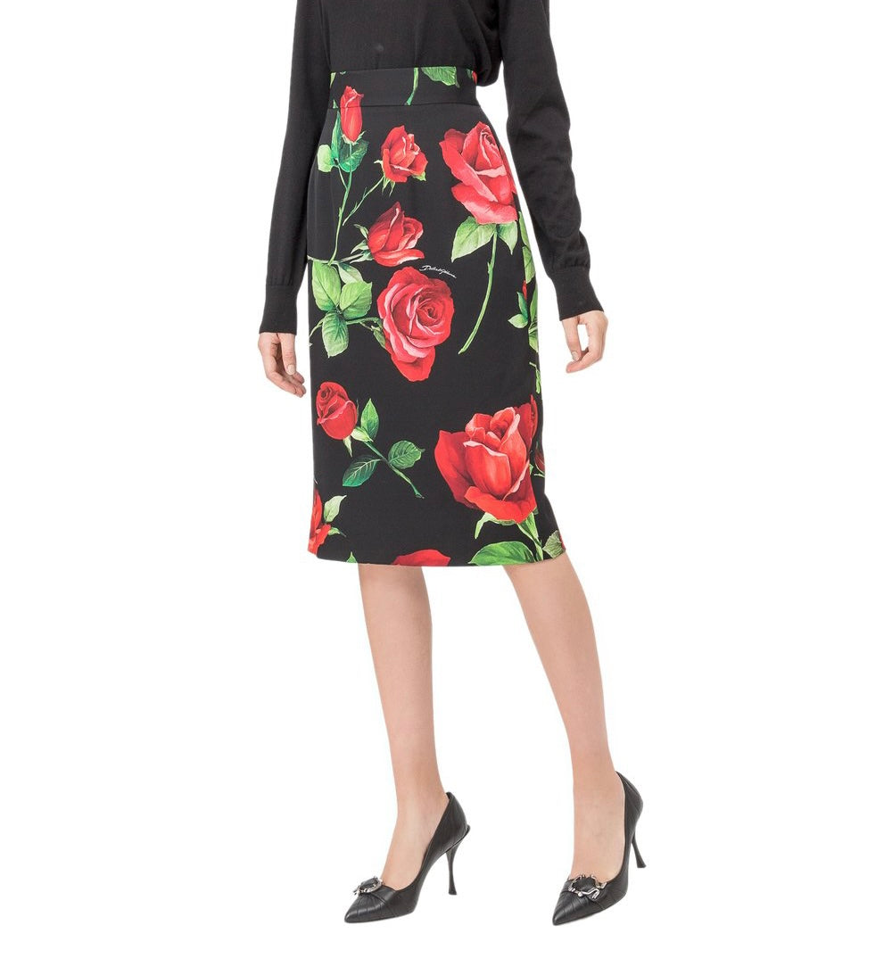 DOLCE & GABBANA Silk Rose Printed Skirt Size It 50 Eu 44