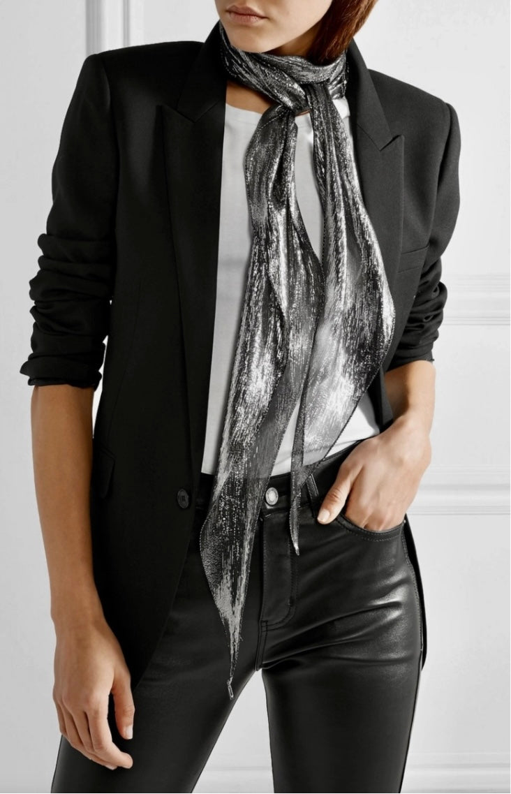 SAINT LAURENT Silk Scarf Silver Metallic
