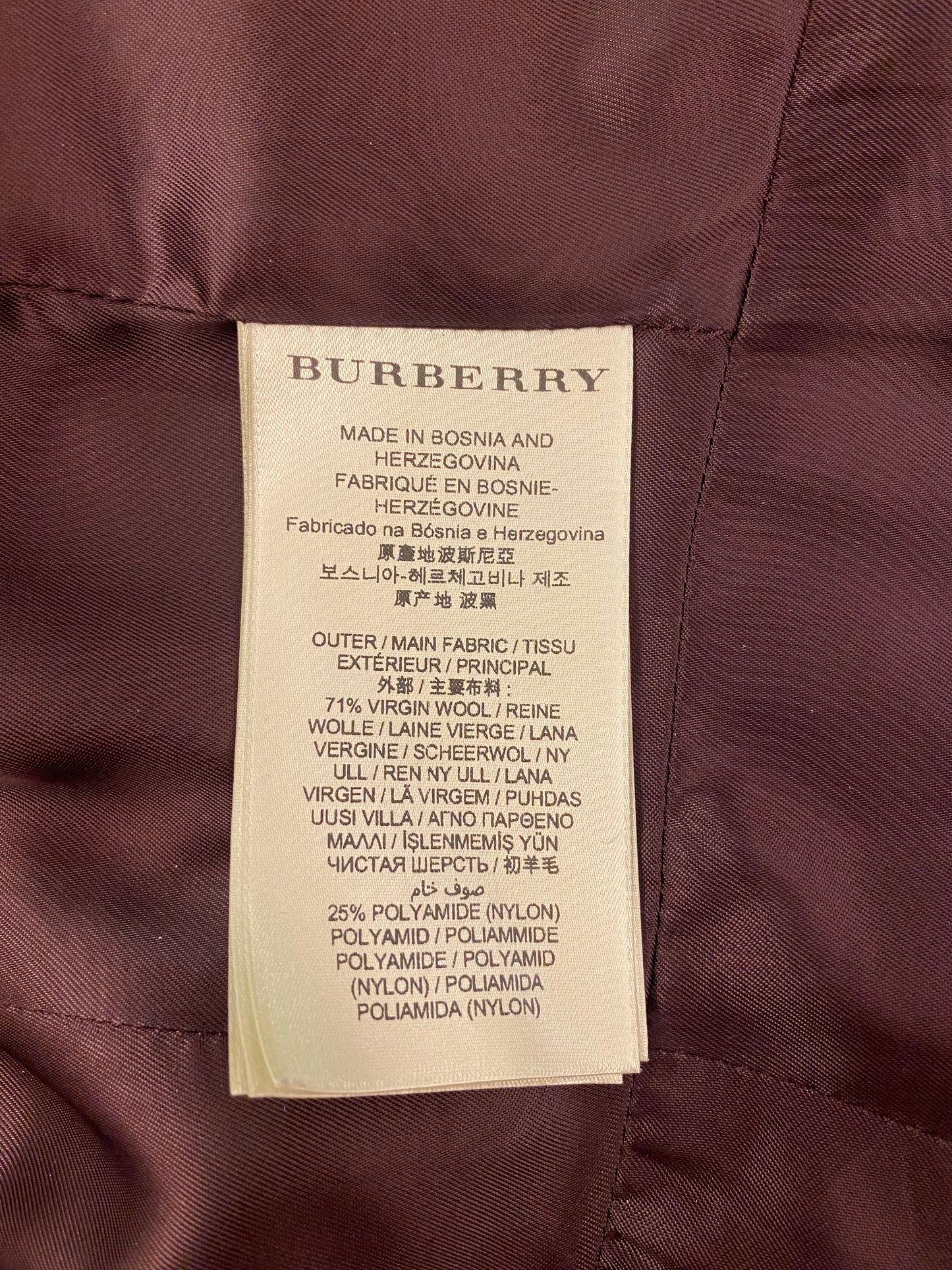 BURBERRY Burgundy Blend Wool Coat Size 34