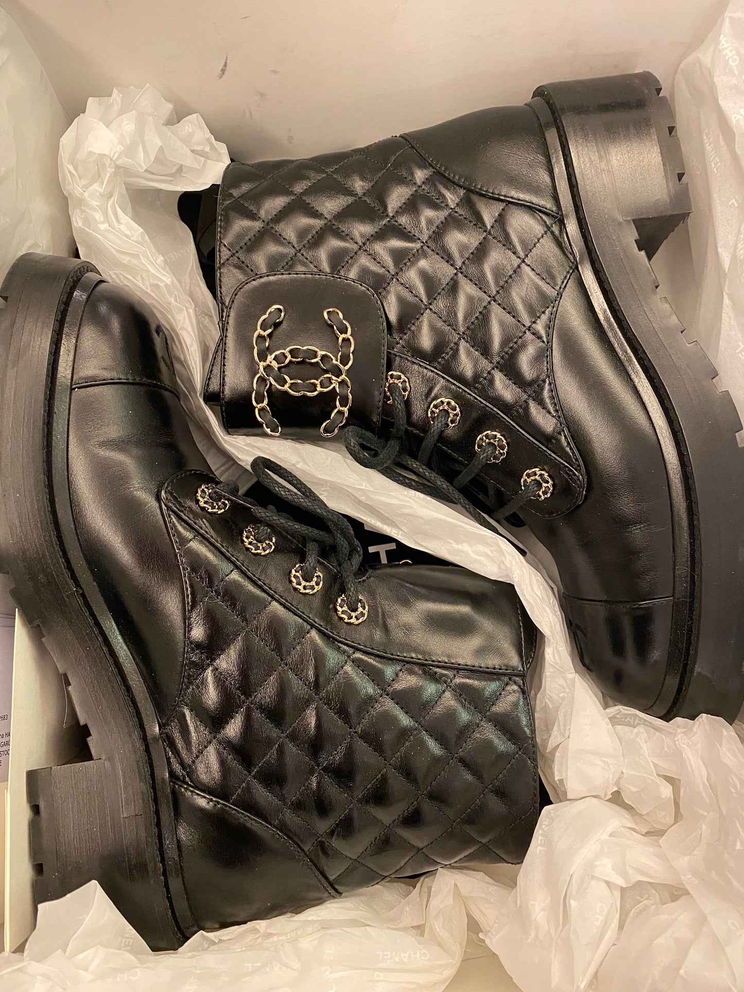 CHANEL Leather CC Chain Link Logo Boots Size 38,5