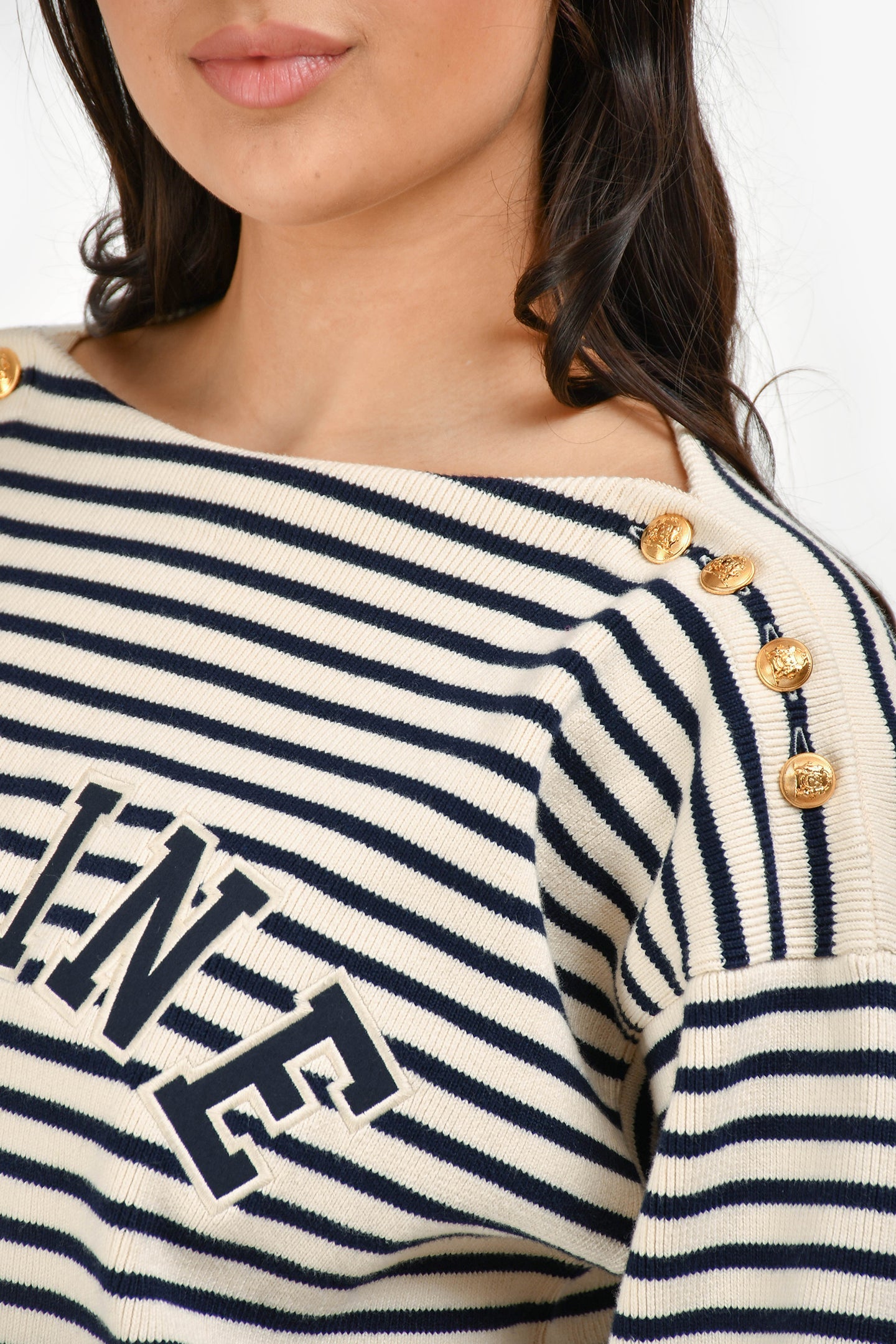 CELINE Striped Logo Boatneck Sweater Size M