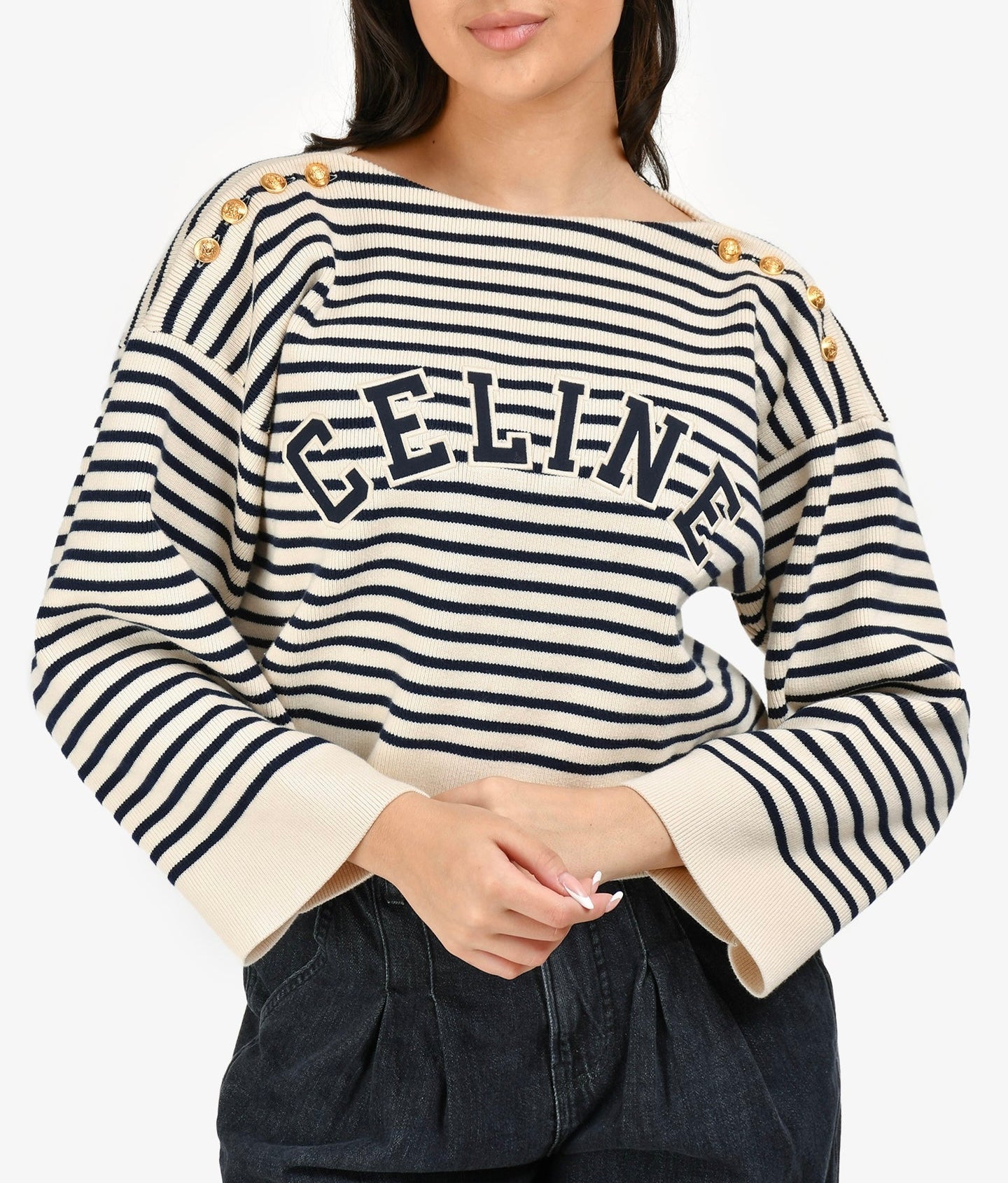 CELINE Striped Logo Boatneck Sweater Size M