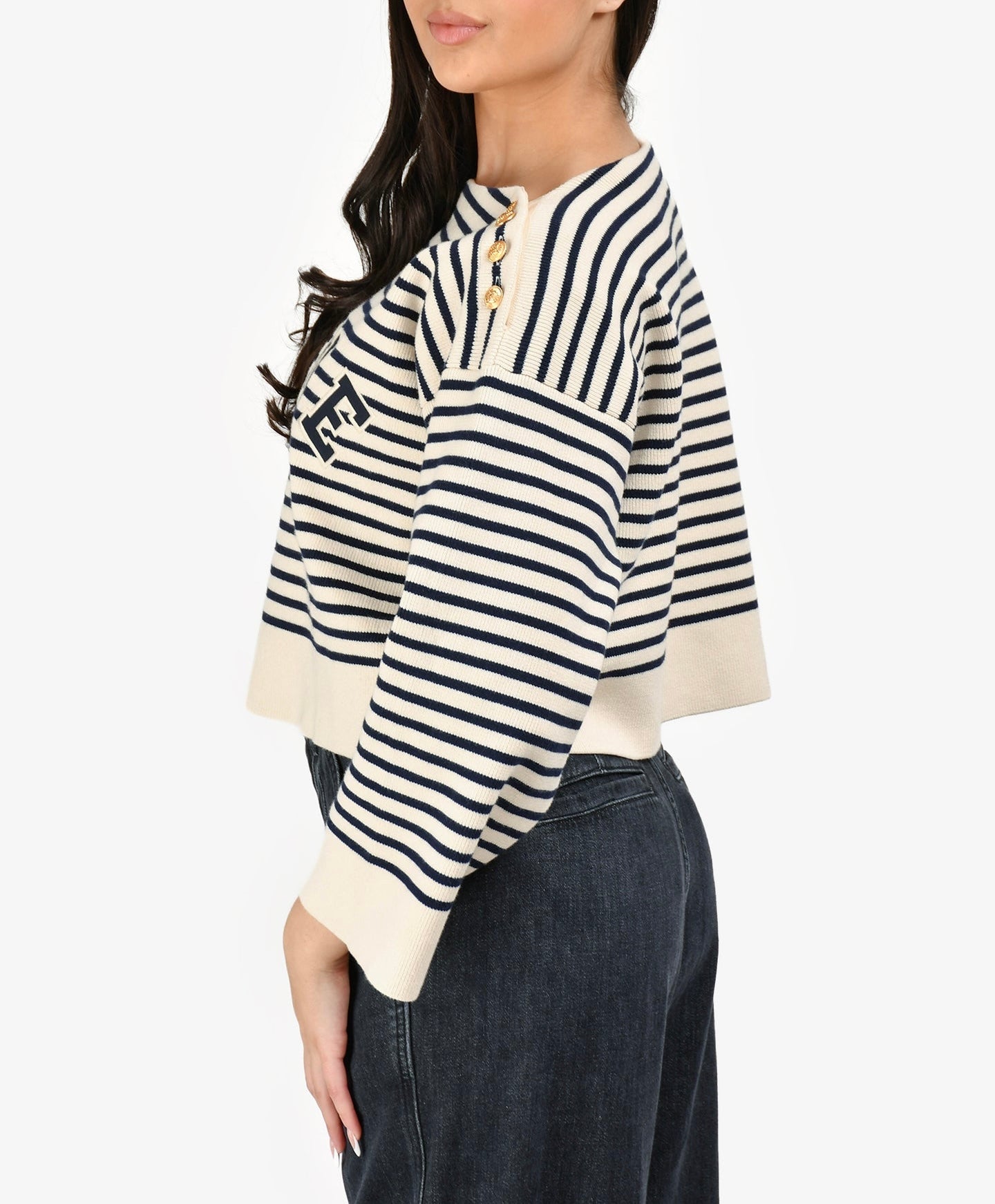 CELINE Striped Logo Boatneck Sweater Size M