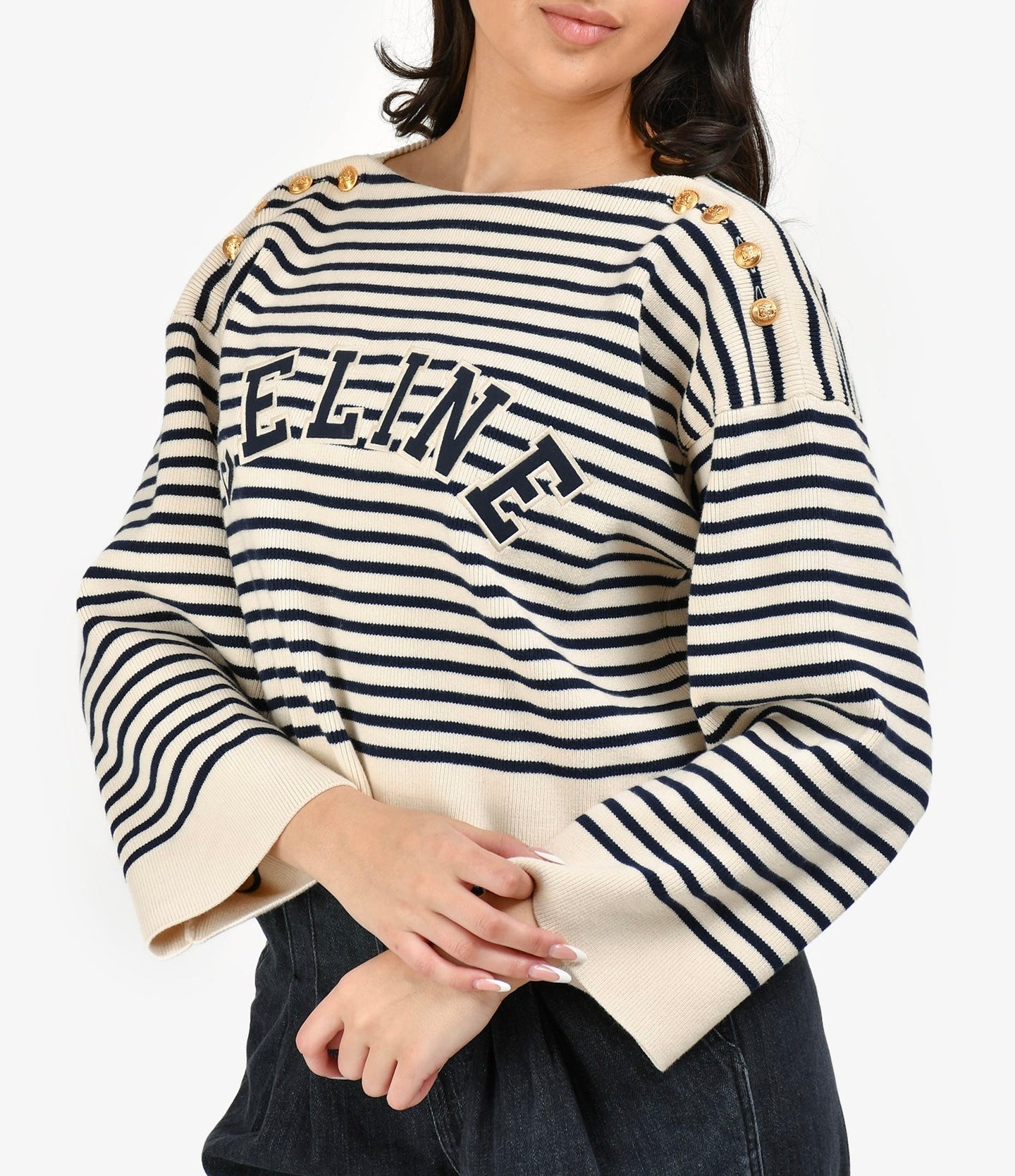 CELINE Striped Logo Boatneck Sweater Size M