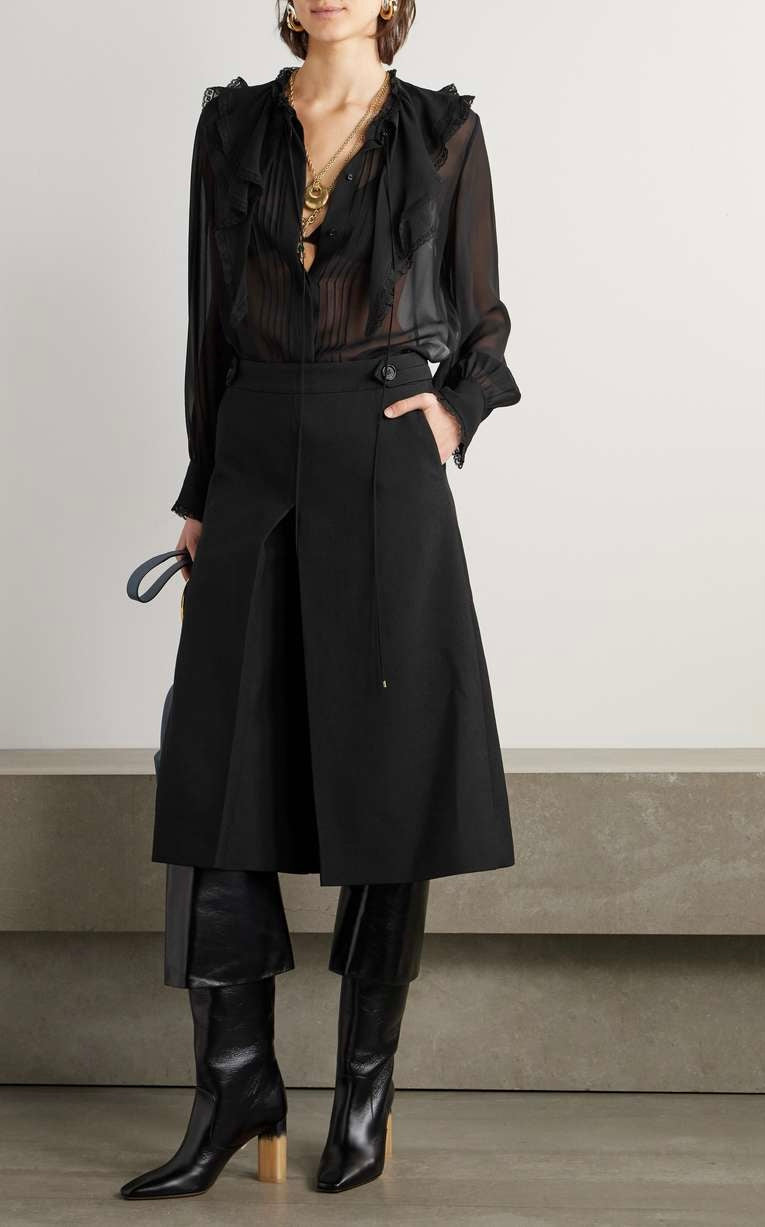 CHLOÉ Lace-Trimmed Pleated Silk-Chiffon Blouse Size S