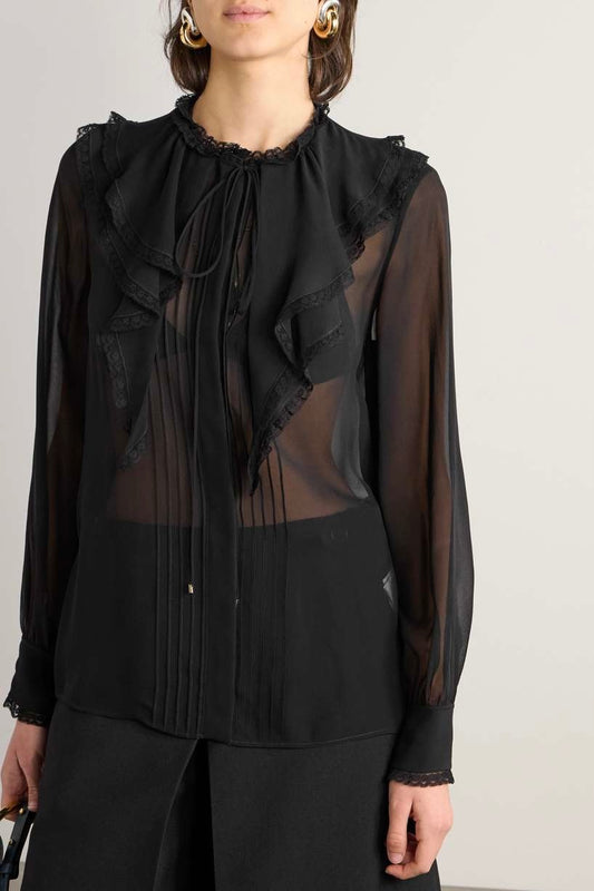 CHLOÉ Lace-Trimmed Pleated Silk-Chiffon Blouse Size S