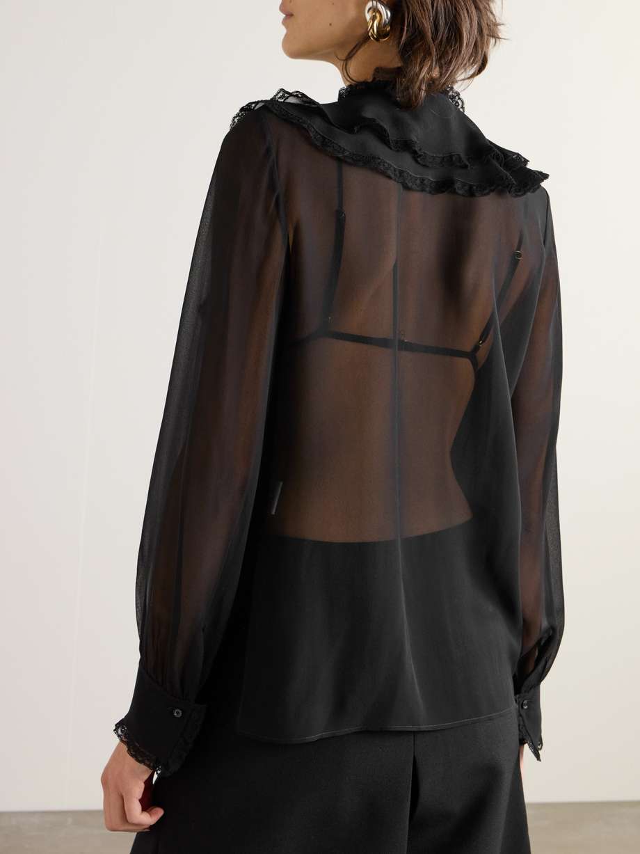 CHLOÉ Lace-Trimmed Pleated Silk-Chiffon Blouse Size S