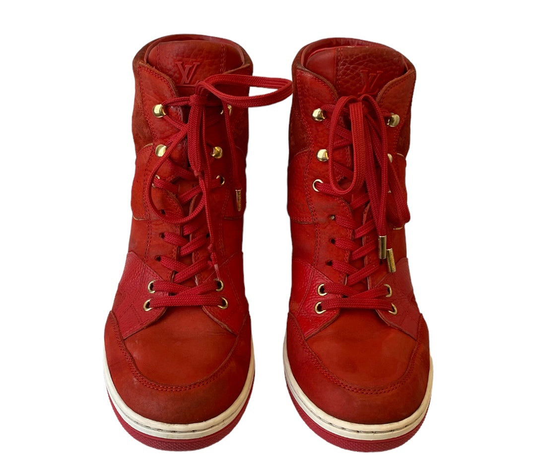 LOUIS VUITTON Red Leather Top Sneakers Size 38,5