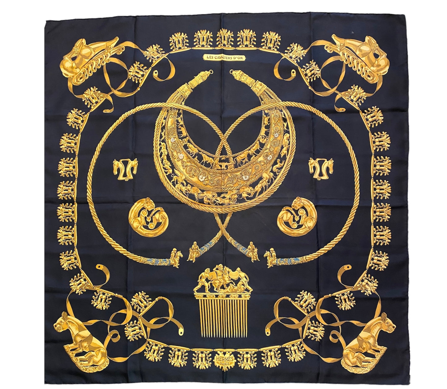 HERMÈS Vintage Silk Scarf “Les Cavaliers D’Or”