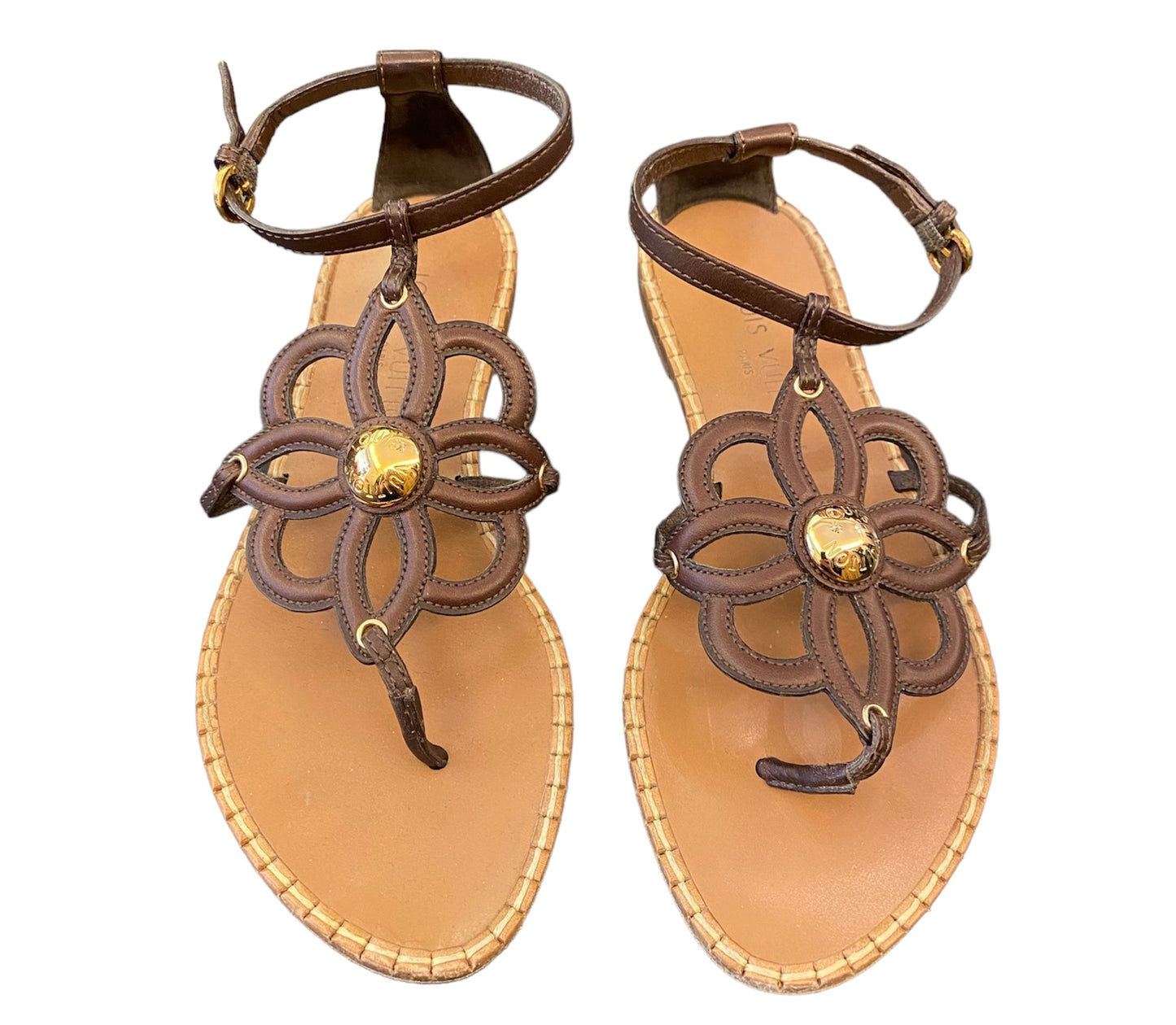 LOUIS VUITTON Leather Fidji Thong Ankle Strap Sandals Size 35,5