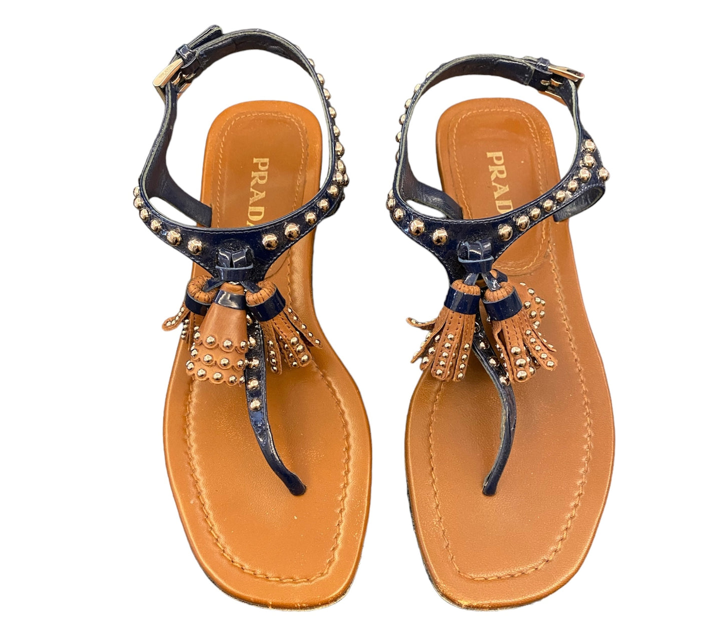 PRADA Blue Studded Patent Tassel Sandals Size 36,5