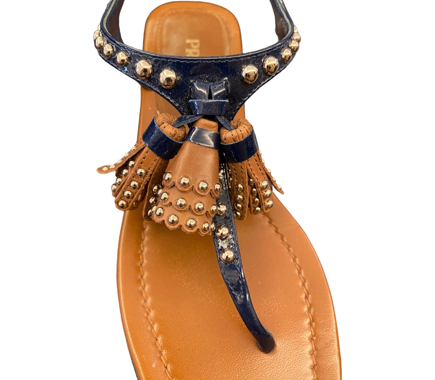 PRADA Blue Studded Patent Tassel Sandals Size 36,5