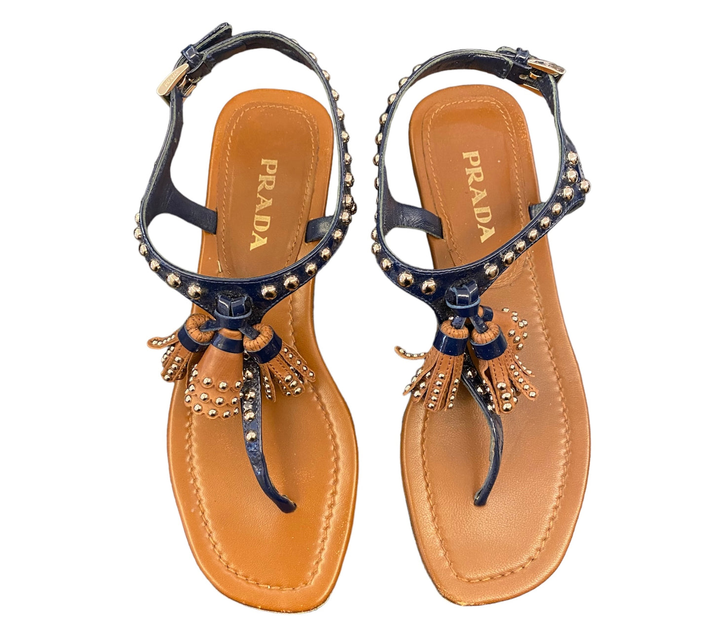 PRADA Blue Studded Patent Tassel Sandals Size 36,5