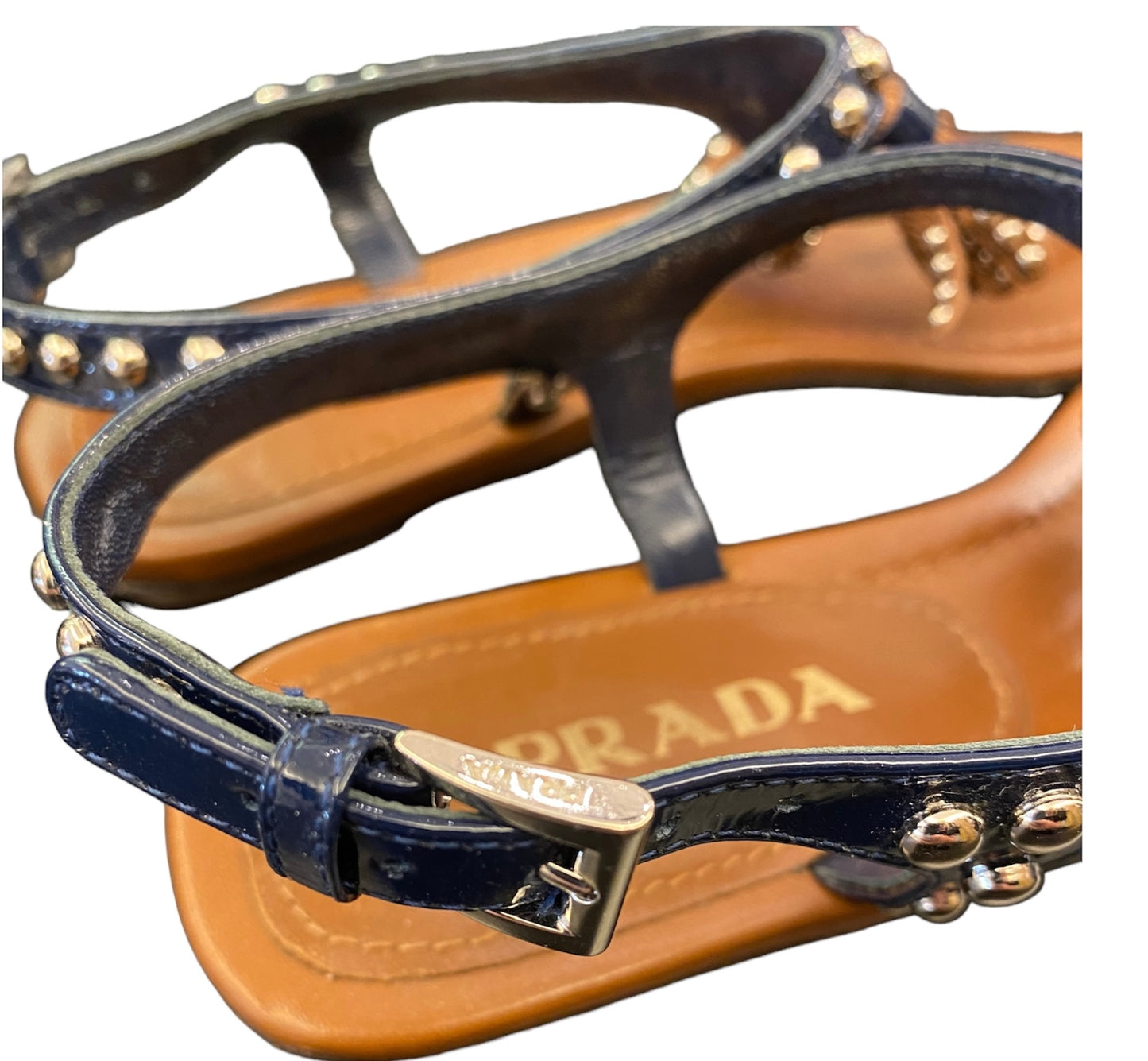 PRADA Blue Studded Patent Tassel Sandals Size 36,5