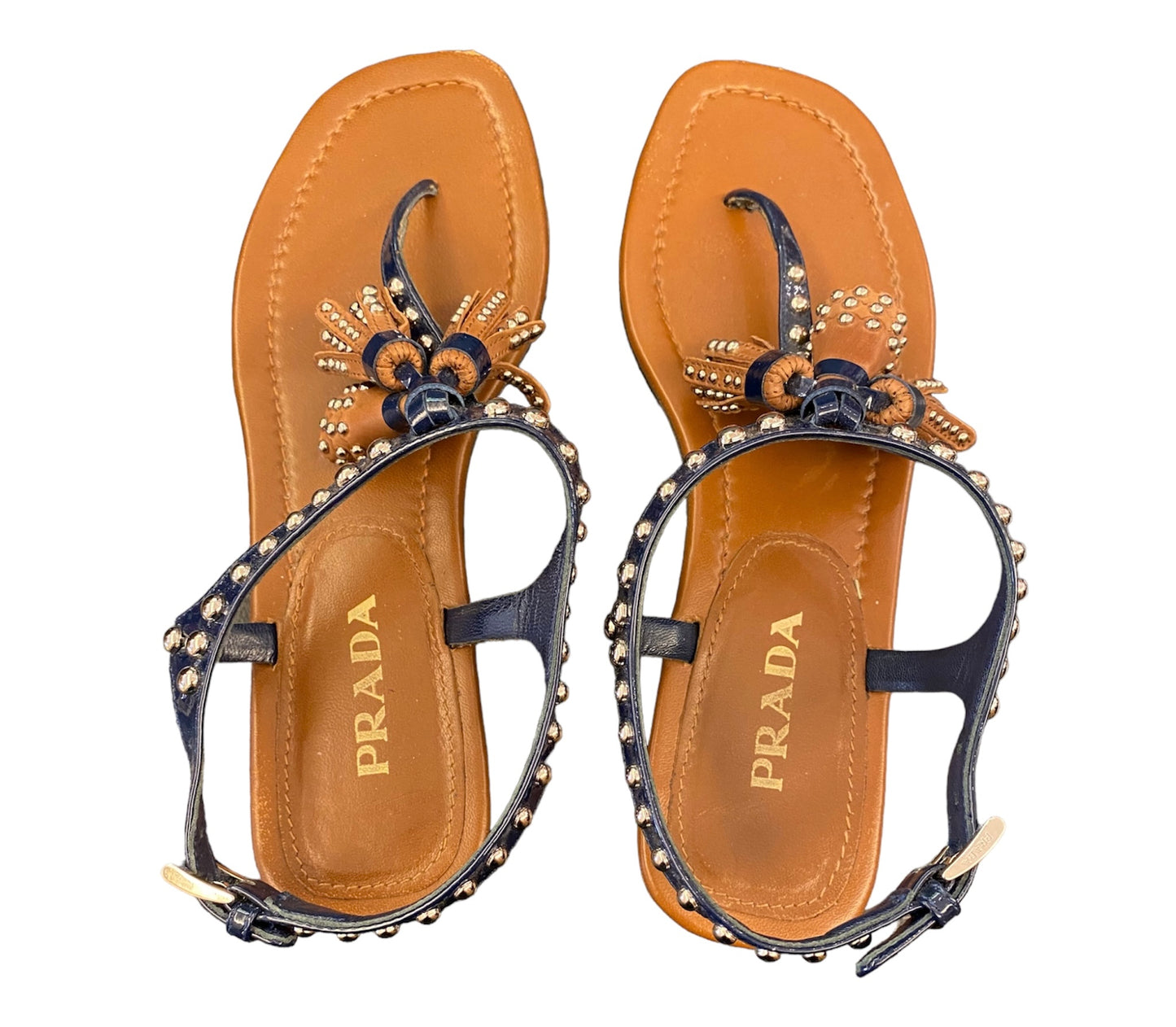 PRADA Blue Studded Patent Tassel Sandals Size 36,5