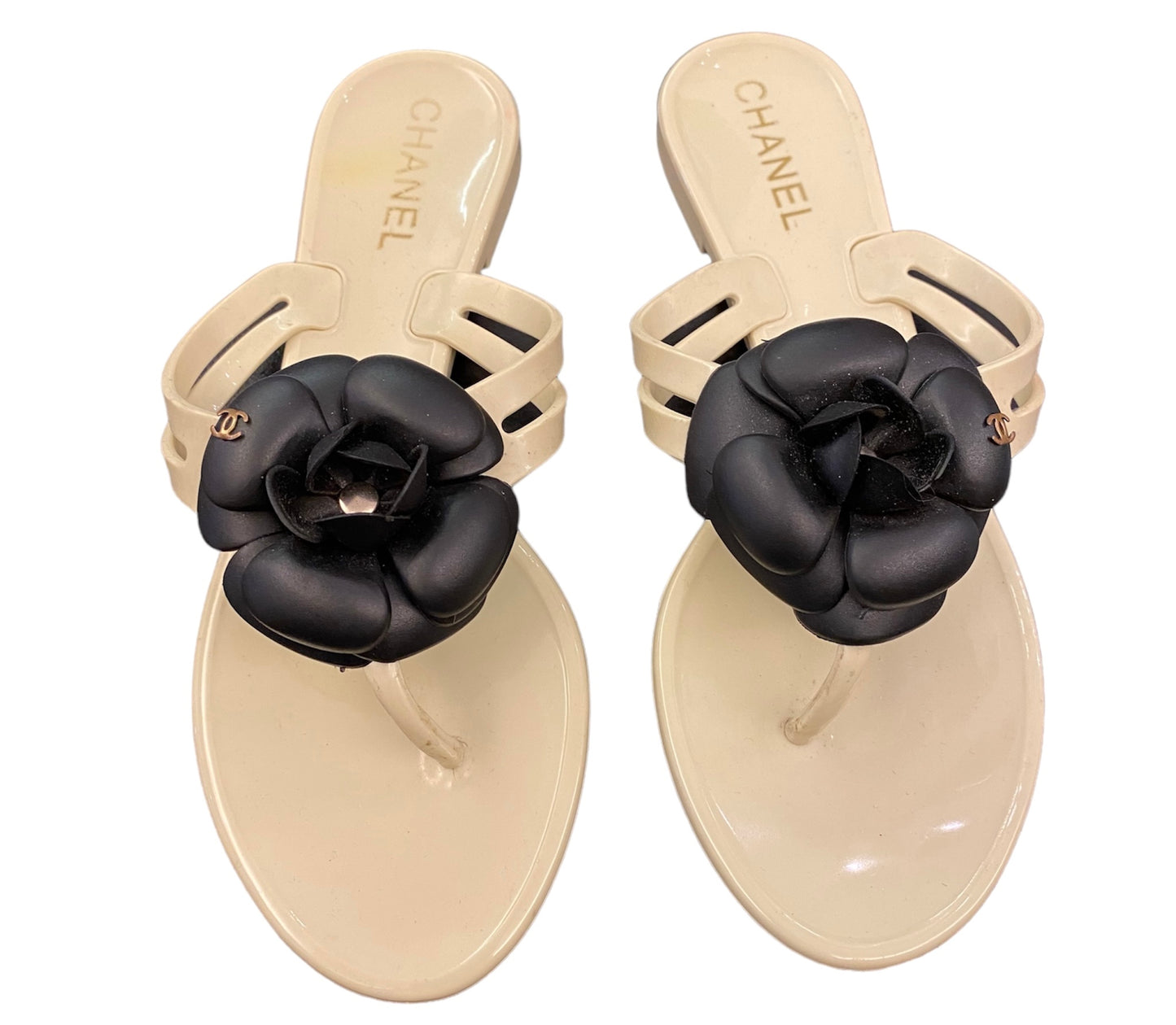 CHANEL Cream Rubber Camellia Flower Sandals Size 38