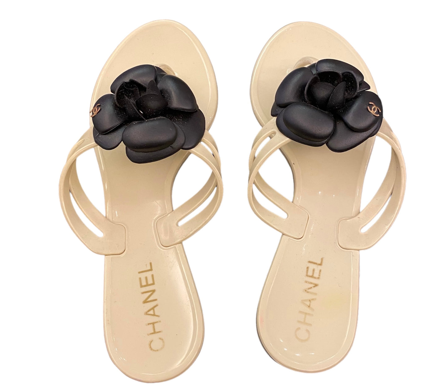 CHANEL Cream Rubber Camellia Flower Sandals Size 38