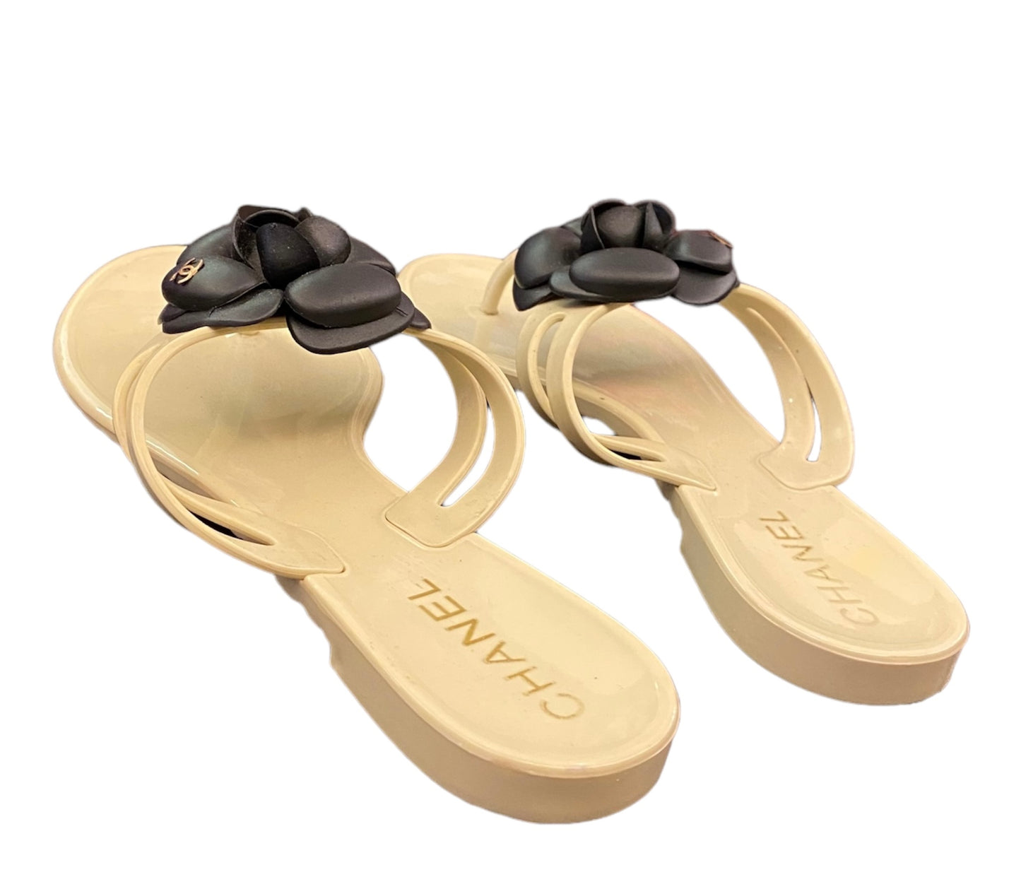 CHANEL Cream Rubber Camellia Flower Sandals Size 38