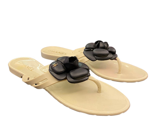 CHANEL Cream Rubber Camellia Flower Sandals Size 38